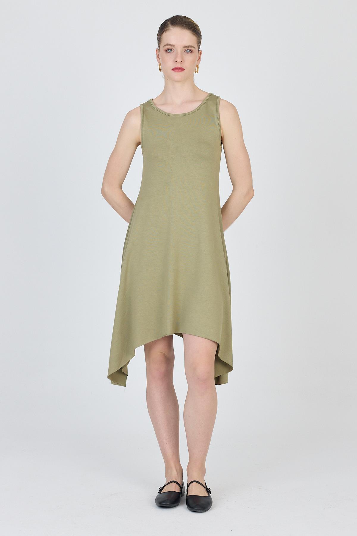 Haki Asimetrik Kesim Kolsuz Elbise 4034 - 7