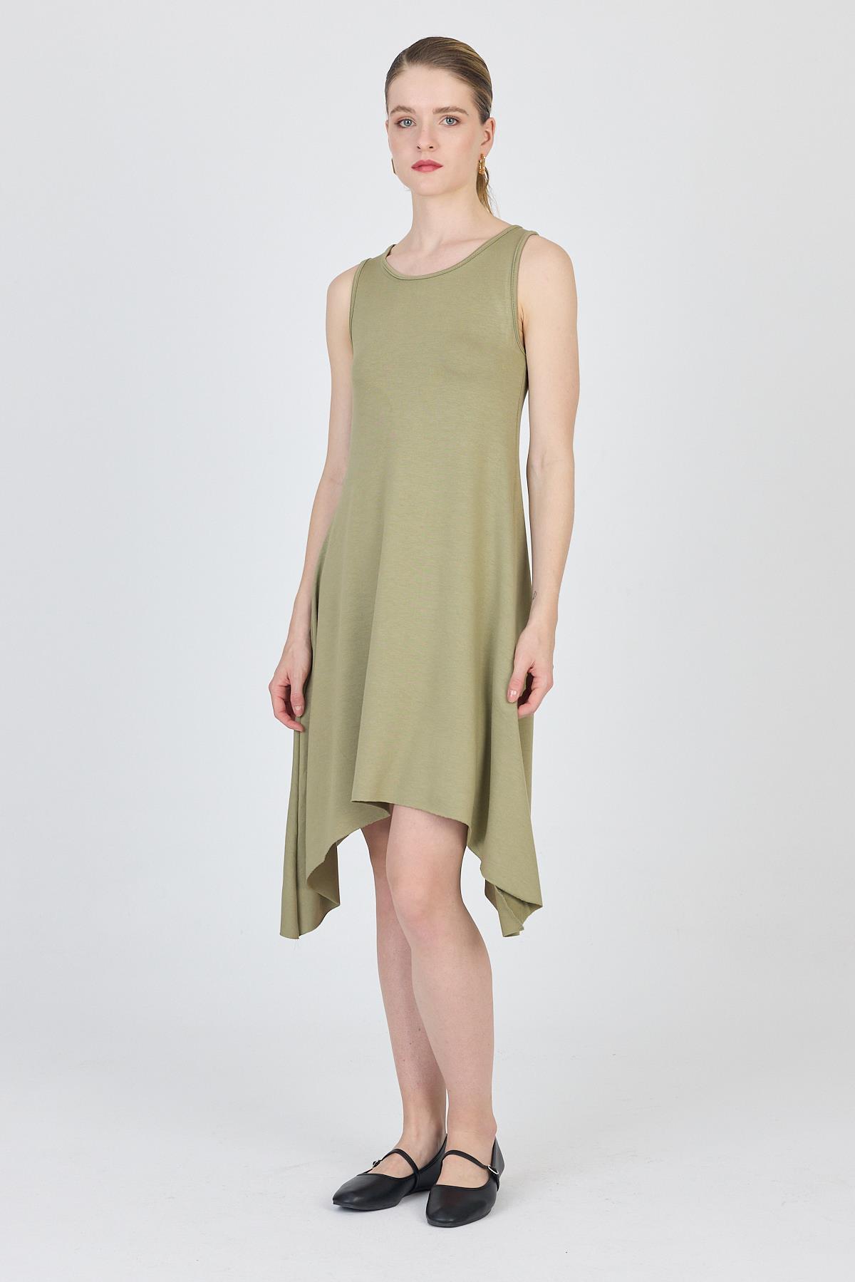 Haki Asimetrik Kesim Kolsuz Elbise 4034 - 2