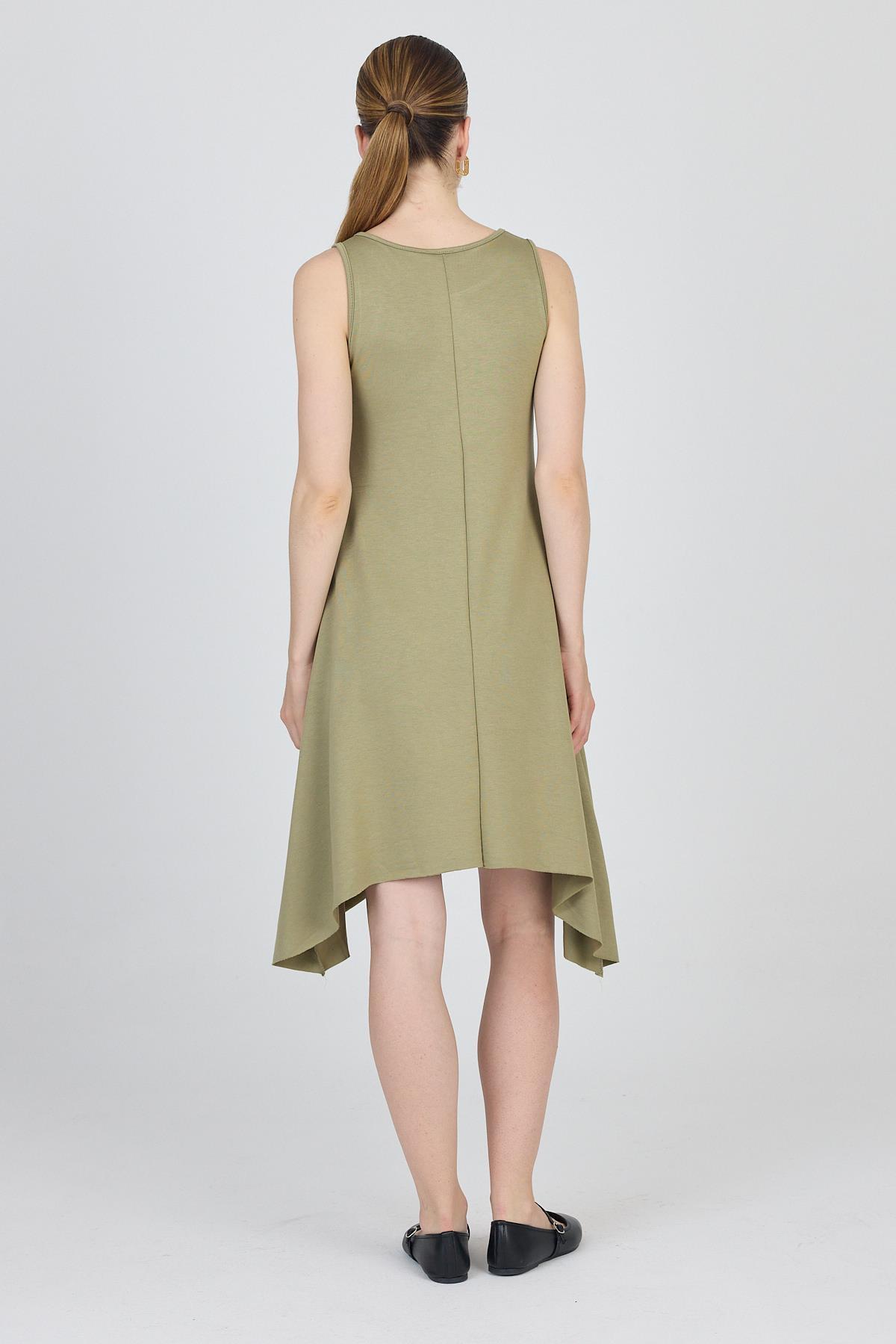 Haki Asimetrik Kesim Kolsuz Elbise 4034 - 5