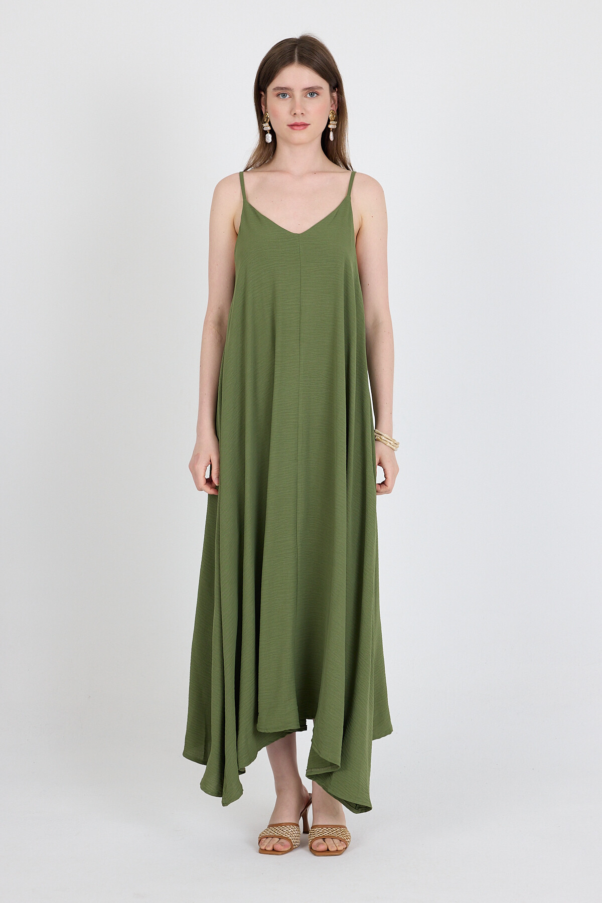 Haki Askılı V Yaka Bol Kesim Dokuma Elbise 20003 - RAYS