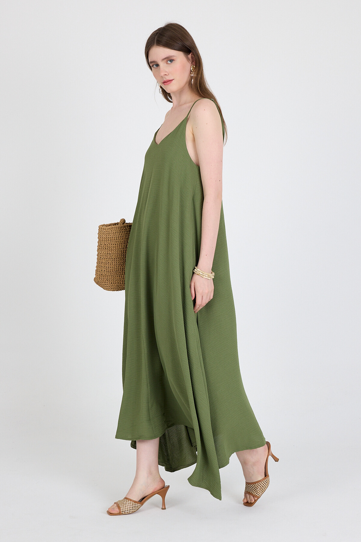 Haki Askılı V Yaka Bol Kesim Dokuma Elbise 20003 - RAYS