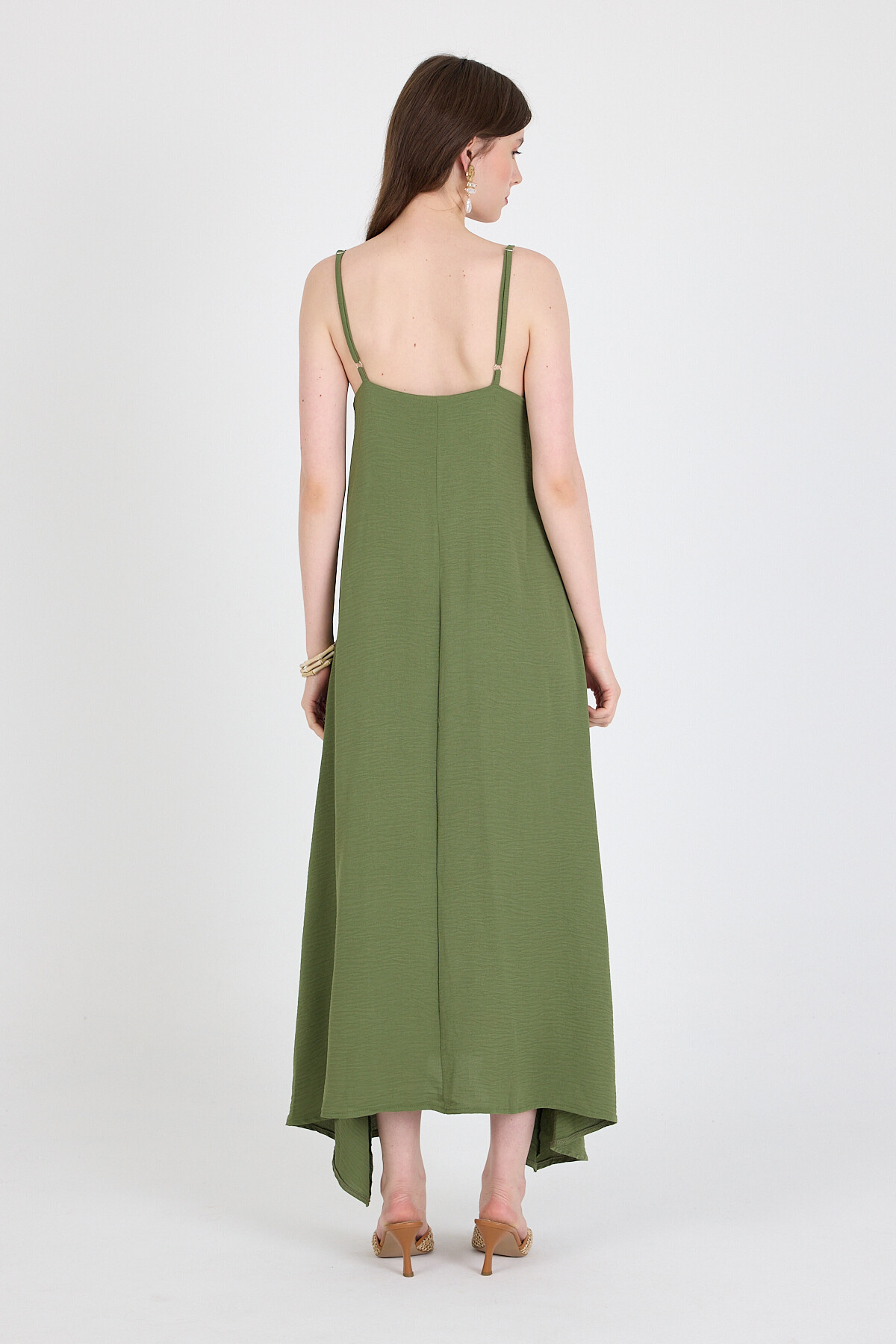 Haki Askılı V Yaka Bol Kesim Dokuma Elbise 20003 - 5