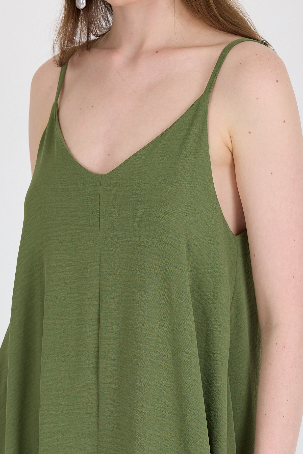Haki Askılı V Yaka Bol Kesim Dokuma Elbise 20003 - 4