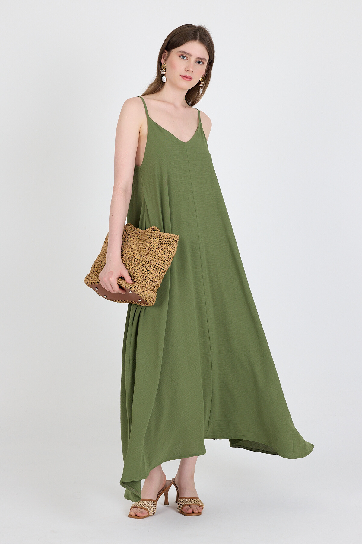 Haki Askılı V Yaka Bol Kesim Dokuma Elbise 20003 - 6