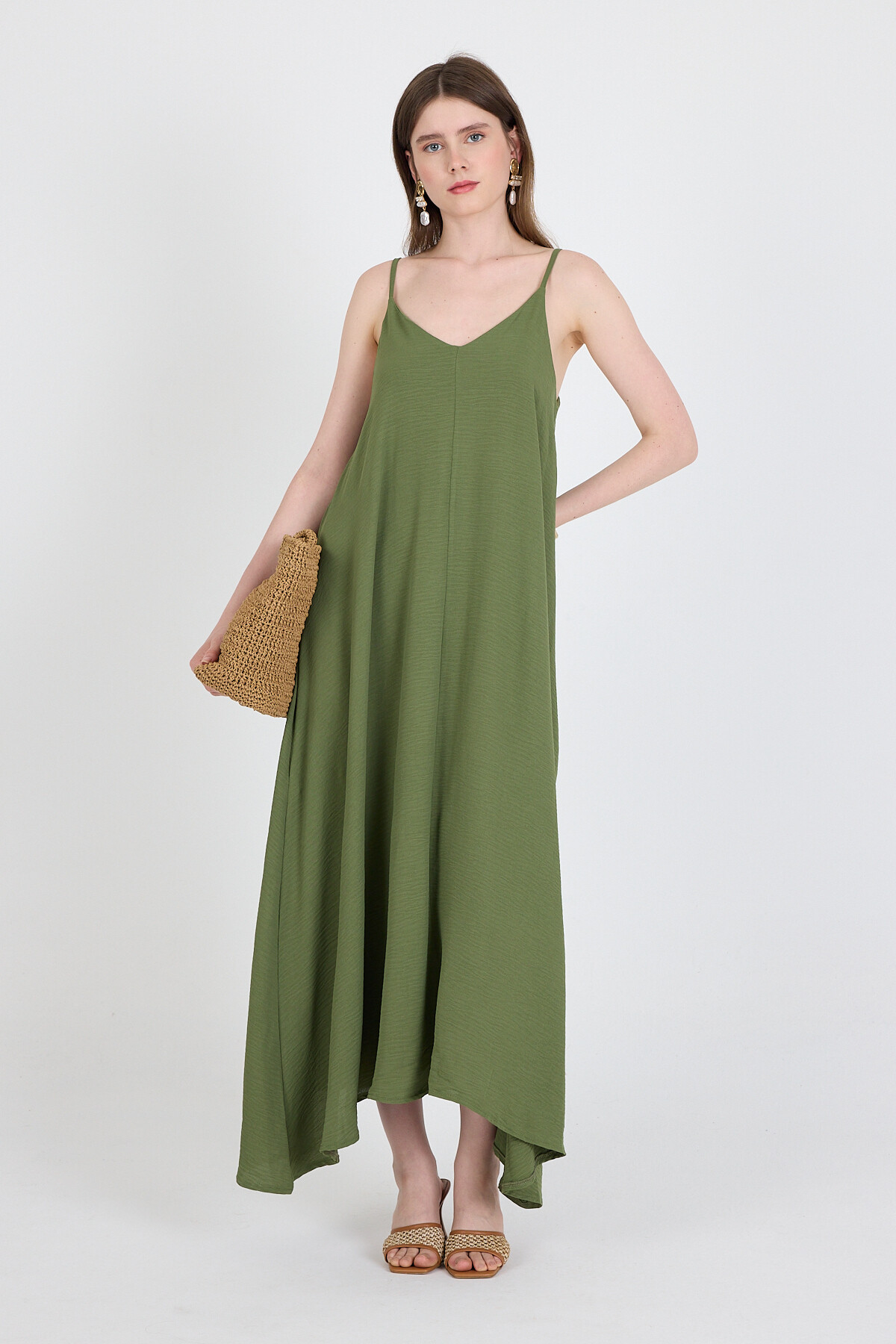 Haki Askılı V Yaka Bol Kesim Dokuma Elbise 20003 - 1