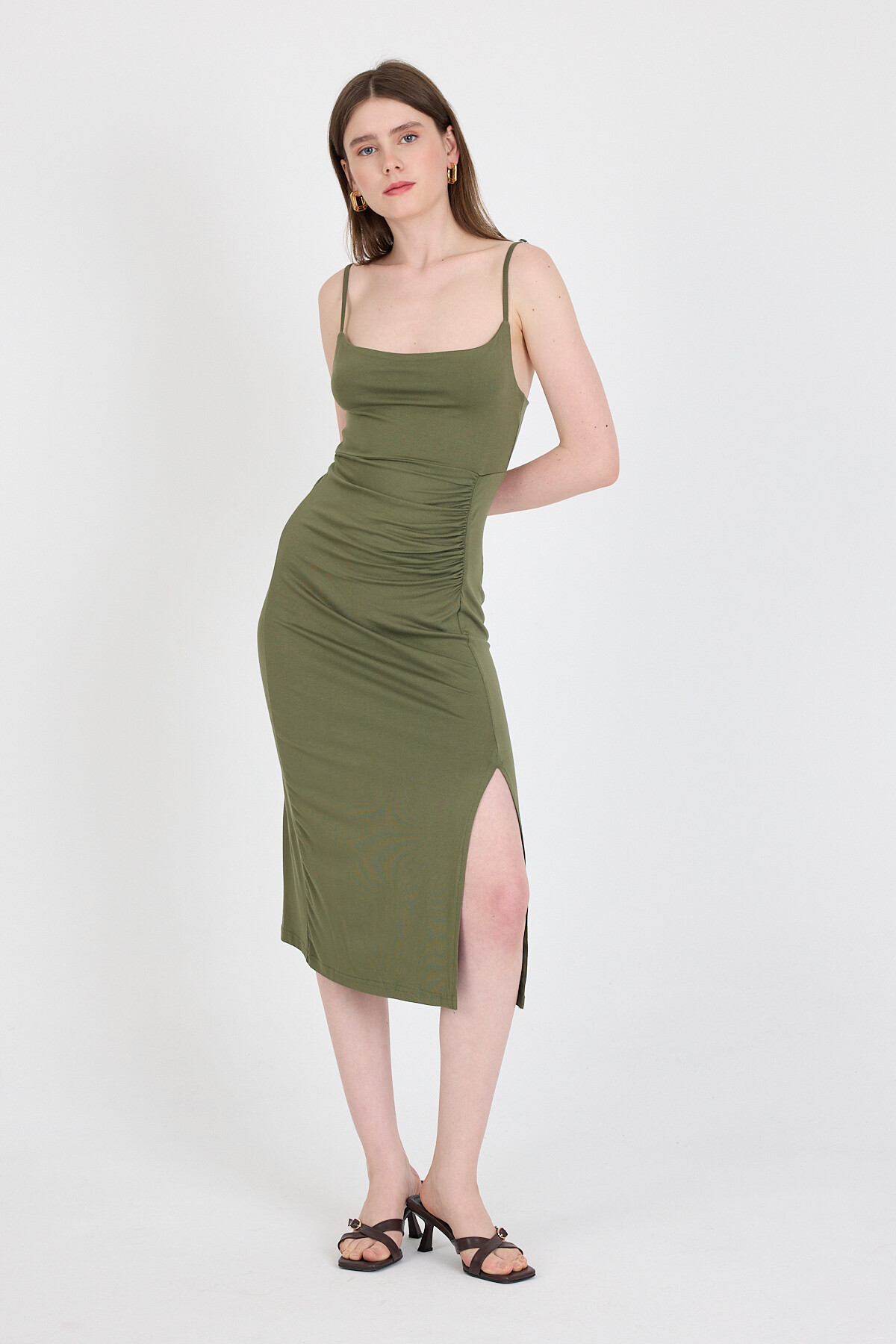 Haki Askılı Yırtmaçlı Drape Detaylı Dokuma Elbise 21003 - 1