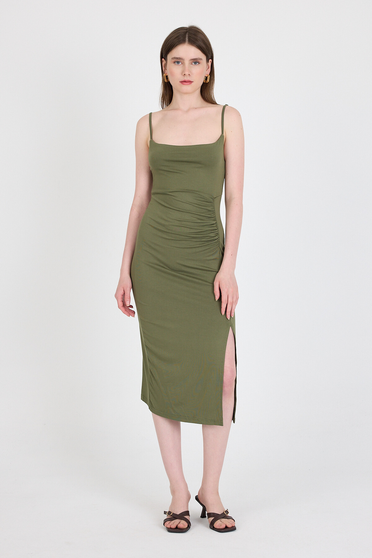 Haki Askılı Yırtmaçlı Drape Detaylı Dokuma Elbise 21003 - 2