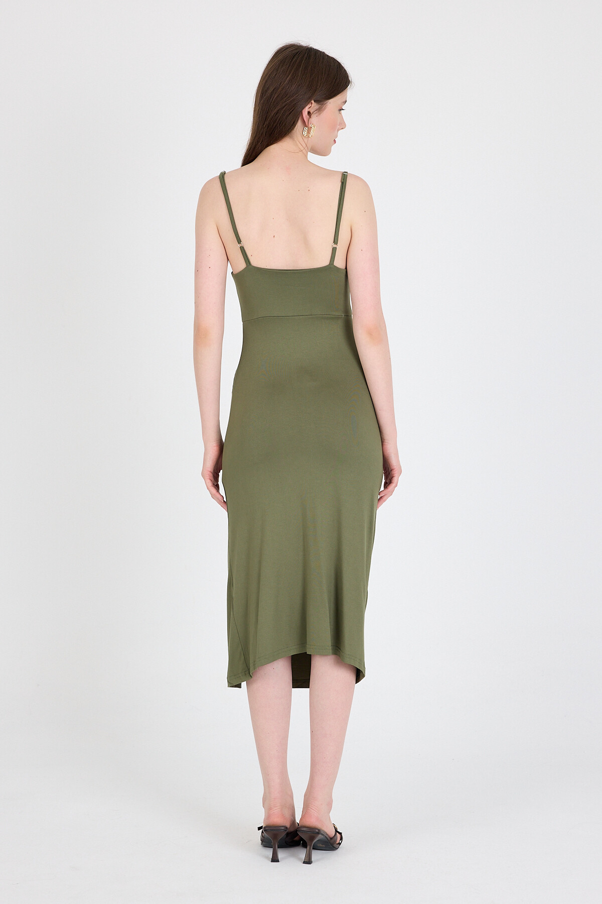 Haki Askılı Yırtmaçlı Drape Detaylı Dokuma Elbise 21003 - 5