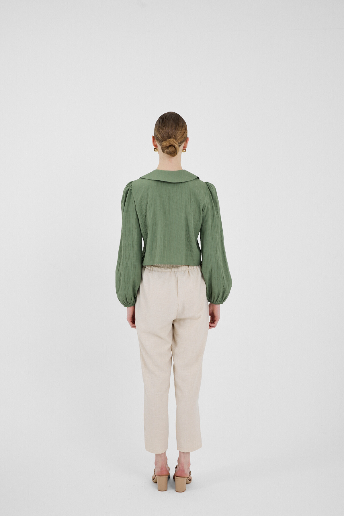 Haki Bağlama Detaylı Bebe Yaka Uzun Kollu Bluz 8020A - 5