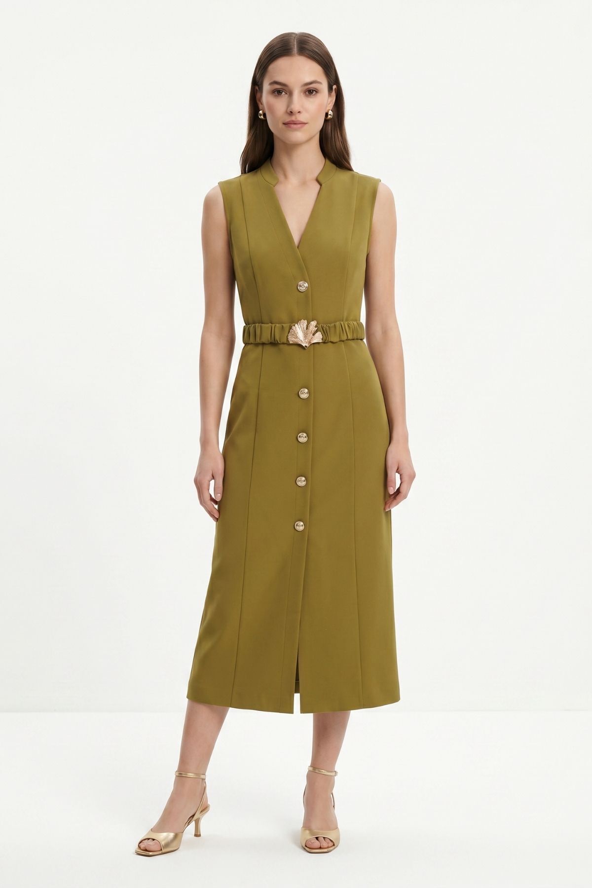 Haki Bel Tokalı Kolsuz Midi Elbise 261670 