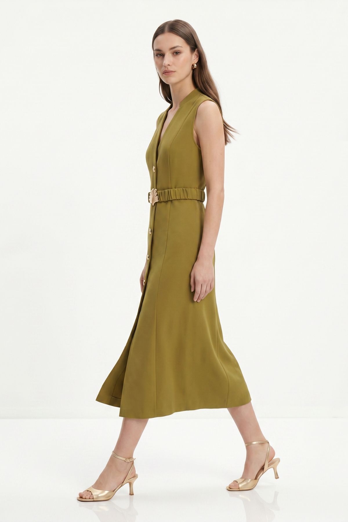 Haki Bel Tokalı Kolsuz Midi Elbise 261670 - 2