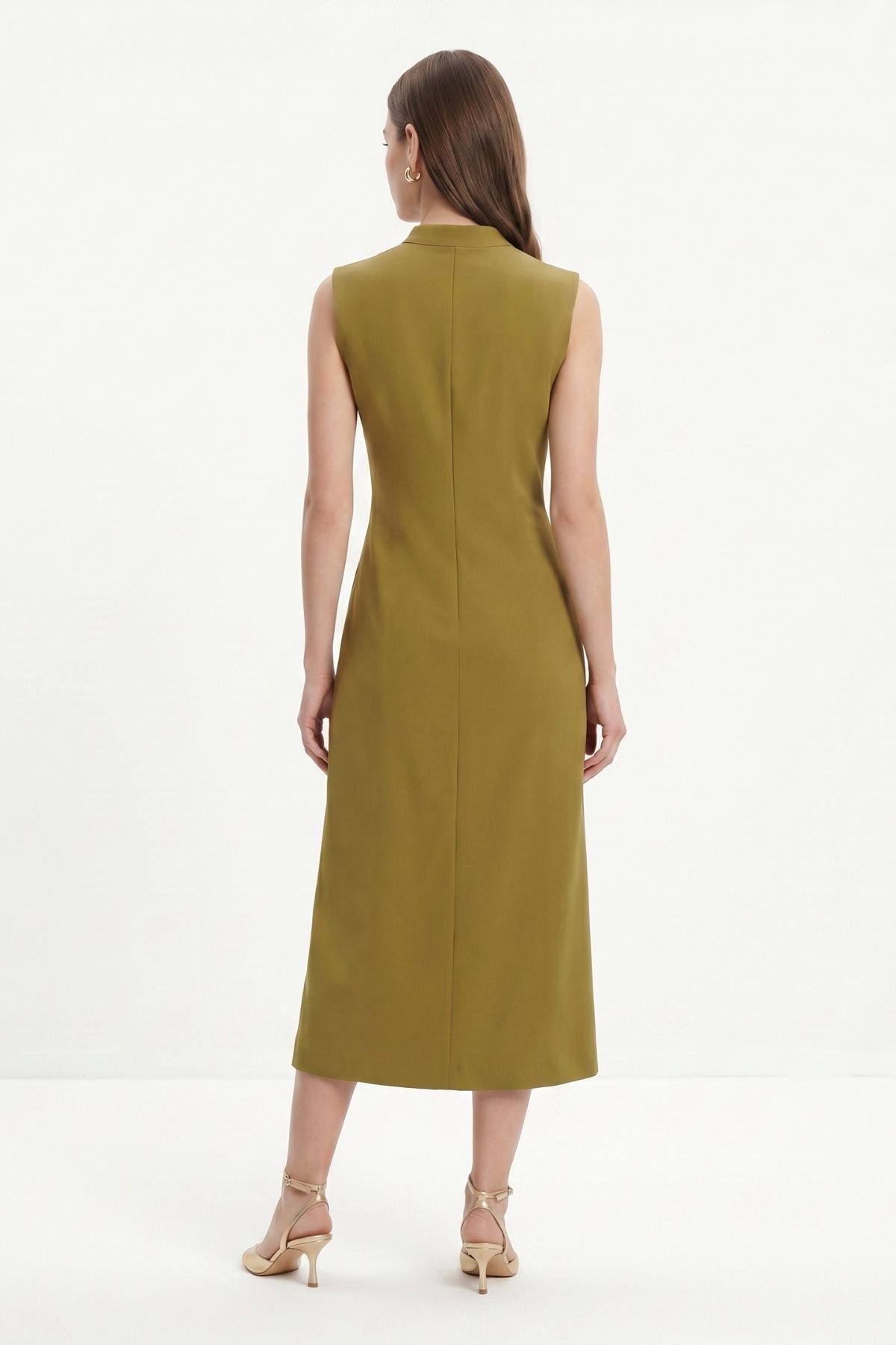 Haki Bel Tokalı Kolsuz Midi Elbise 261670 - 3
