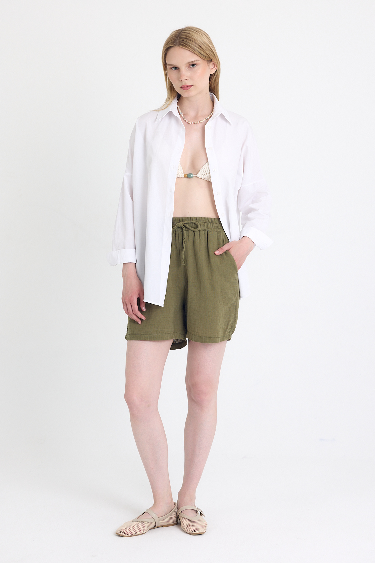 Haki Beli Lastikli %100 Pamuk Müslin Şort 4769A - 1