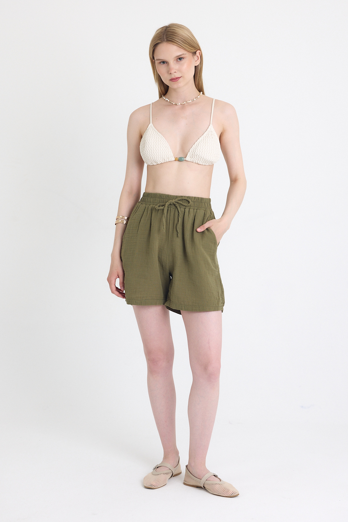 Haki Beli Lastikli %100 Pamuk Müslin Şort 4769A - 6