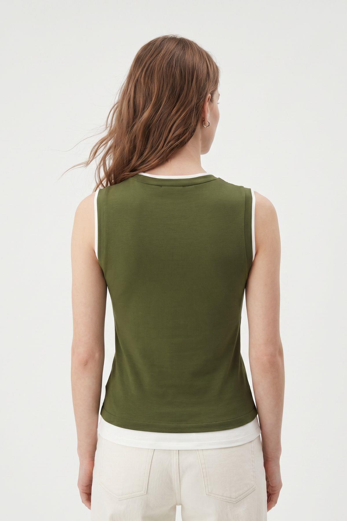 Bisiklet Yaka Çift Görünümlü Bluz 8355A Haki - 4