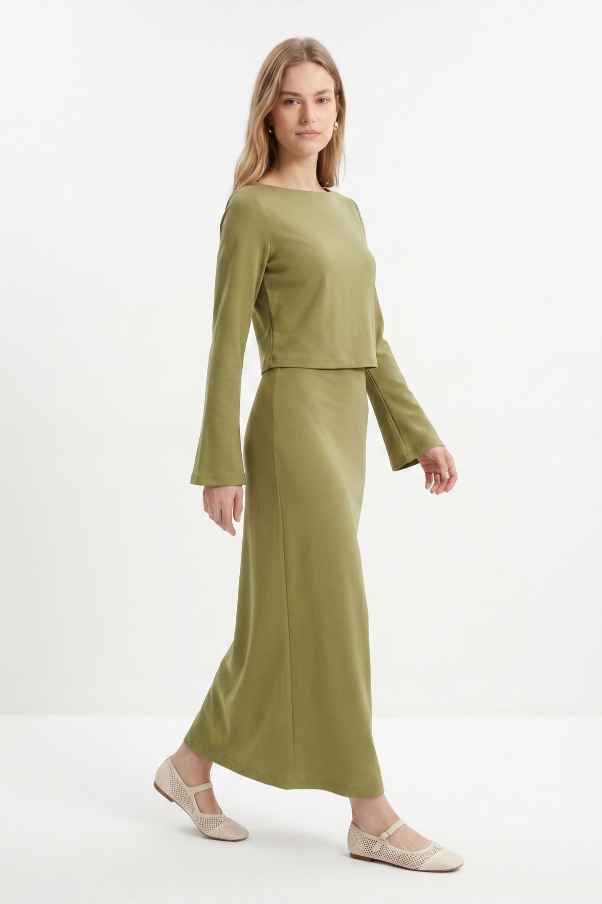 Haki Bisiklet Yaka Uzun Kol Bluz Elbise Takım 18005 - 1