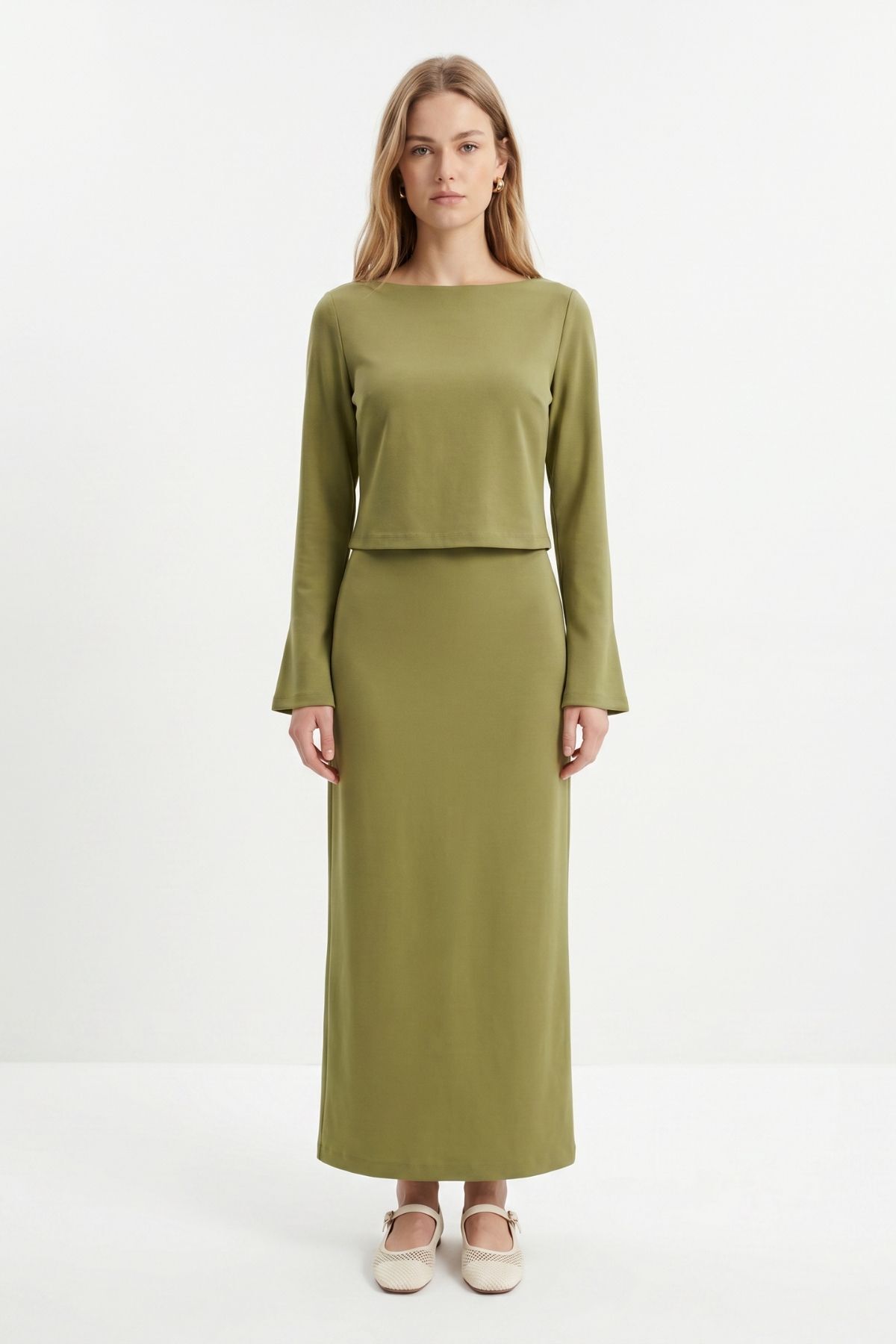 Haki Bisiklet Yaka Uzun Kol Bluz Elbise Takım 18005 - 2