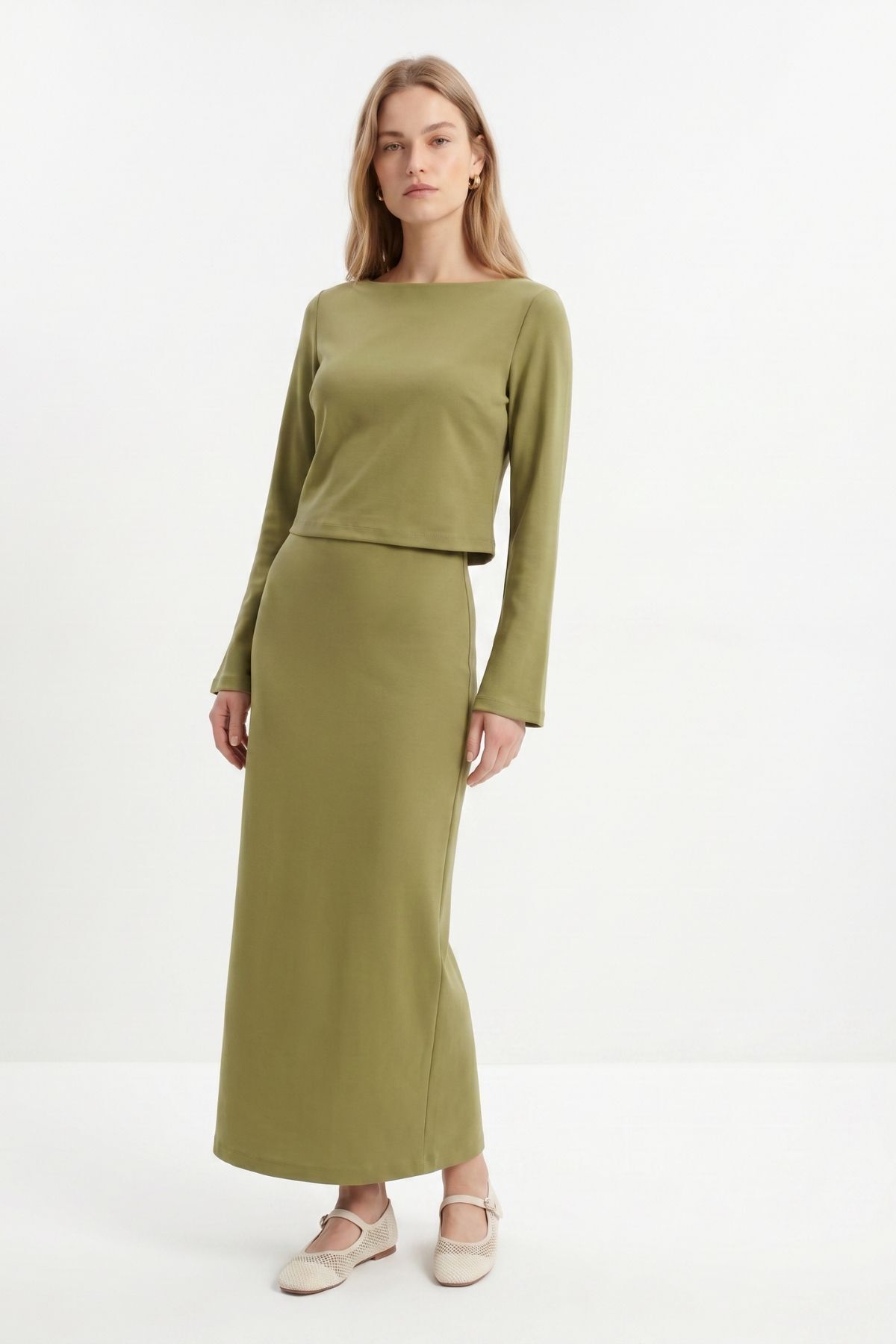 Haki Bisiklet Yaka Uzun Kol Bluz Elbise Takım 18005 - 3