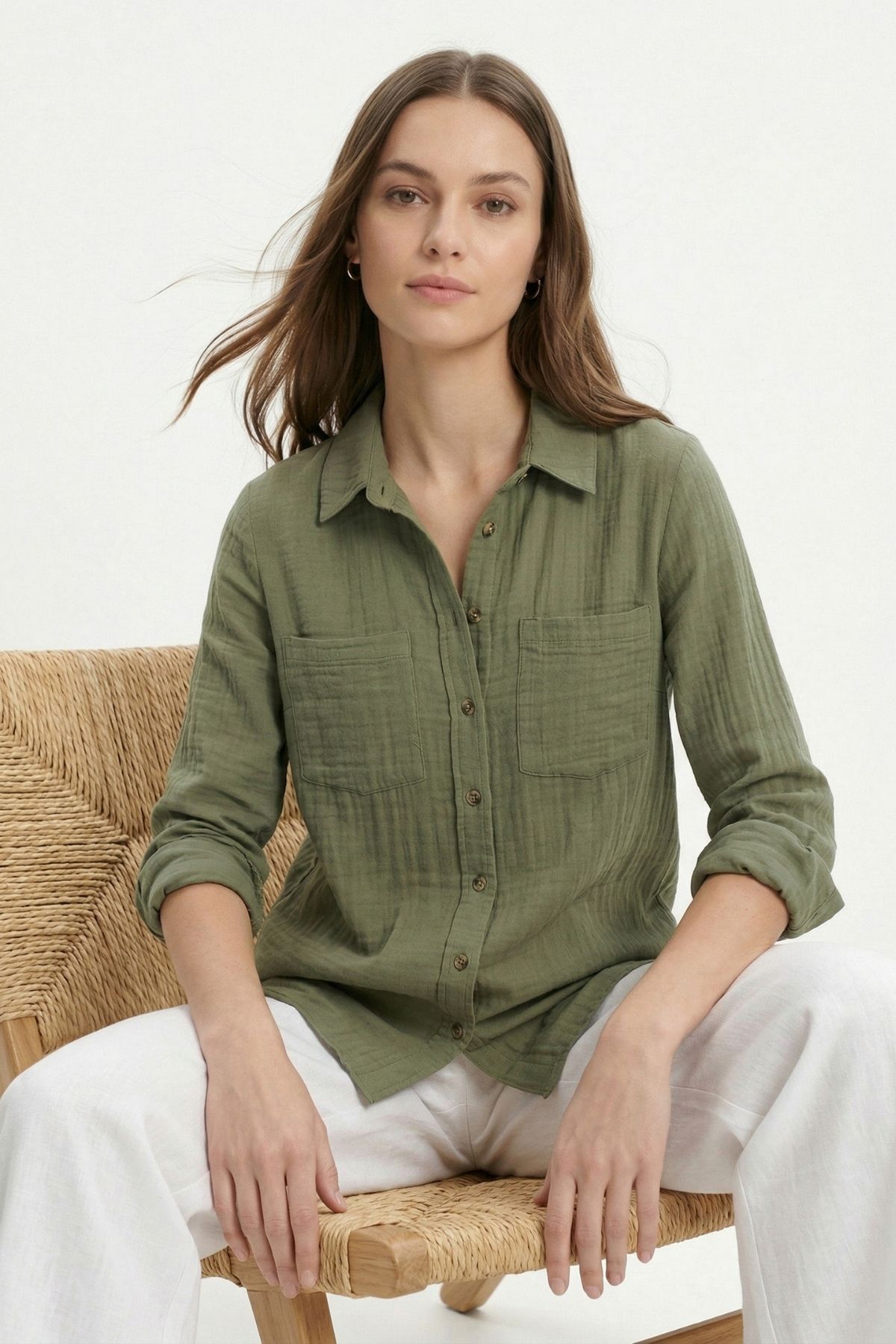 Haki Çift Cepli Uzun Kol Gömlek 4829A - RAYS