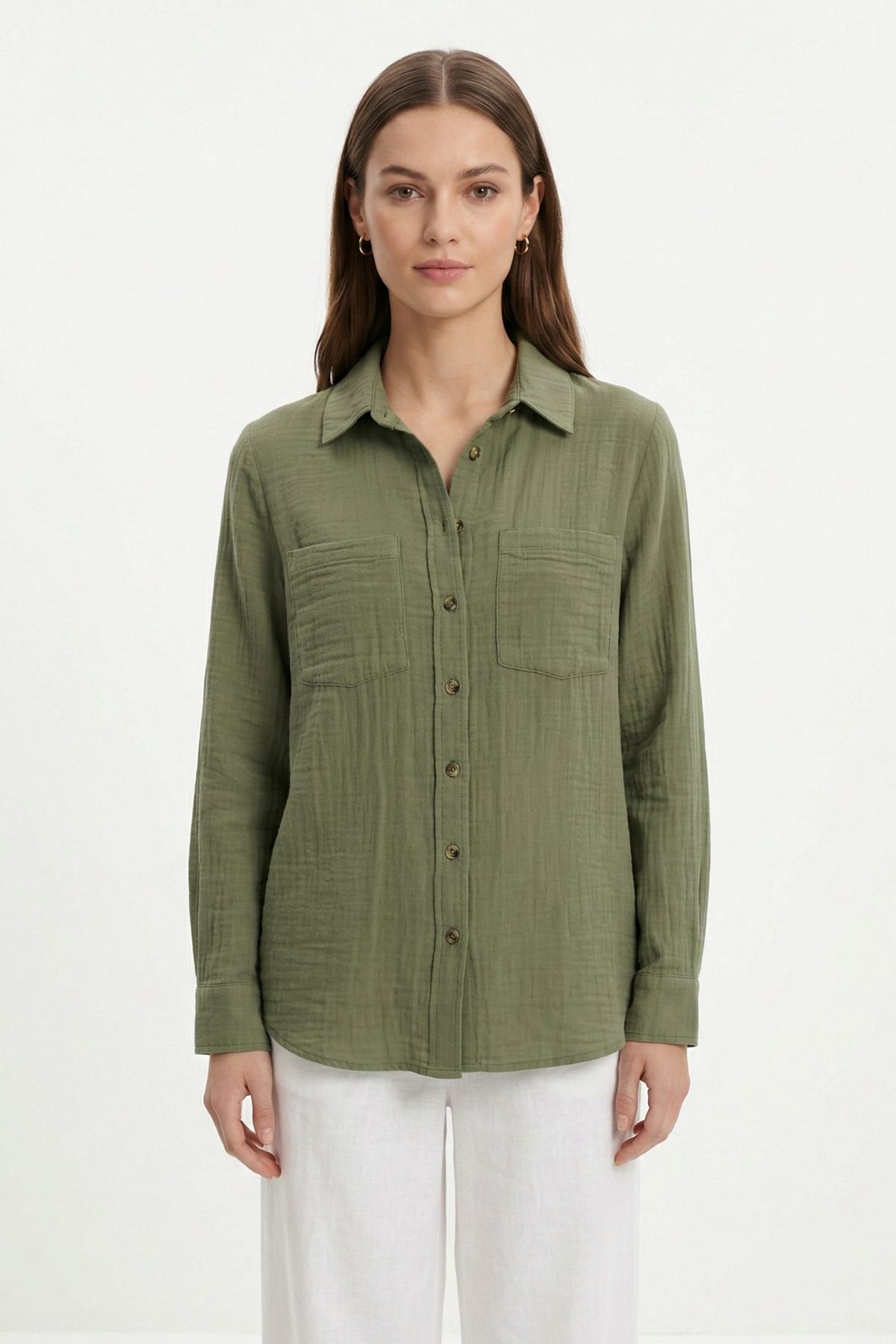 Haki Çift Cepli Uzun Kol Gömlek 4829A - RAYS