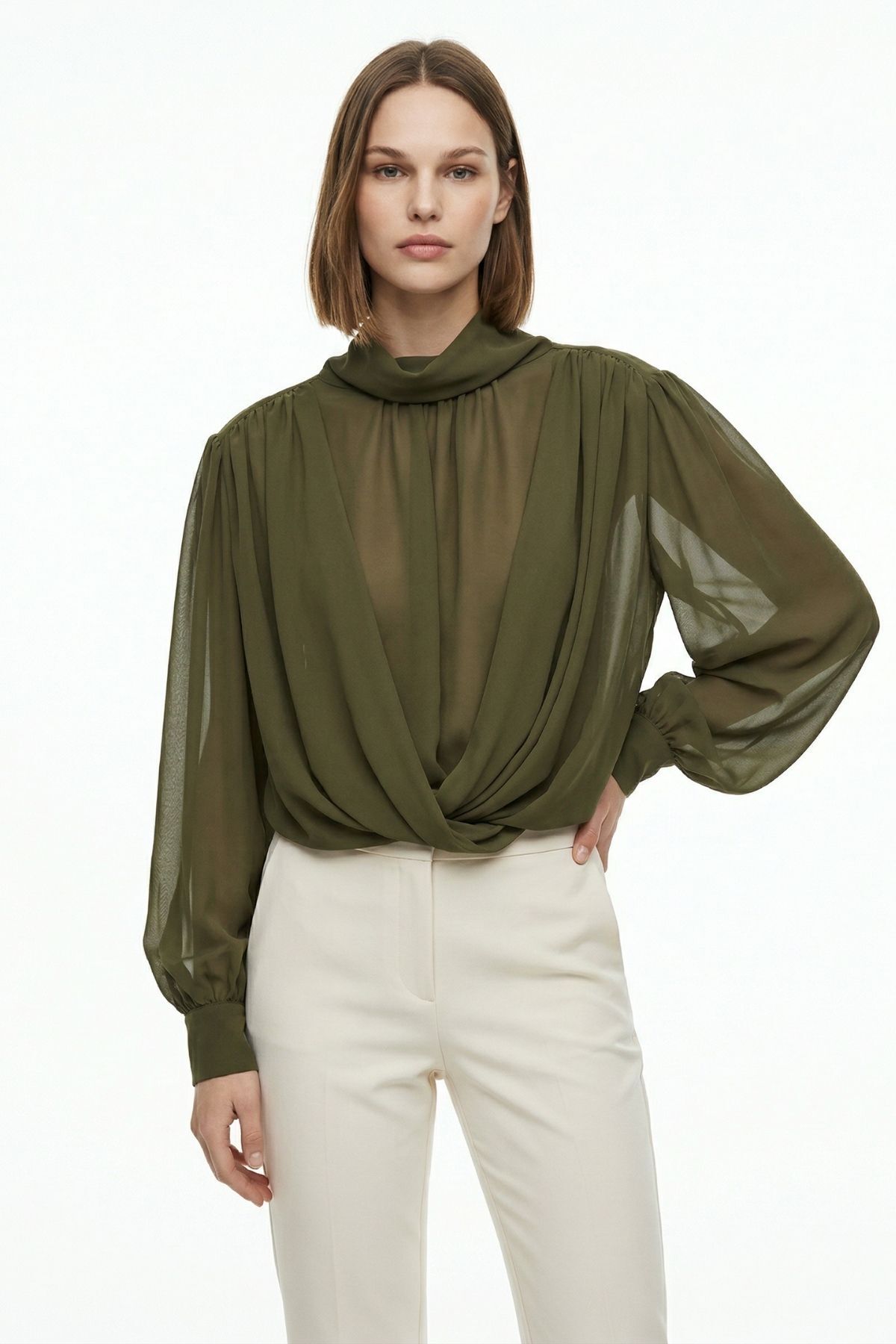 Haki Dik Yaka Uzun Kol Bluz 252200 - 1