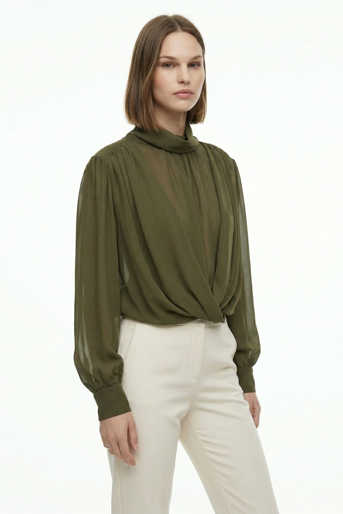 Haki Dik Yaka Uzun Kol Bluz 252200 - 2