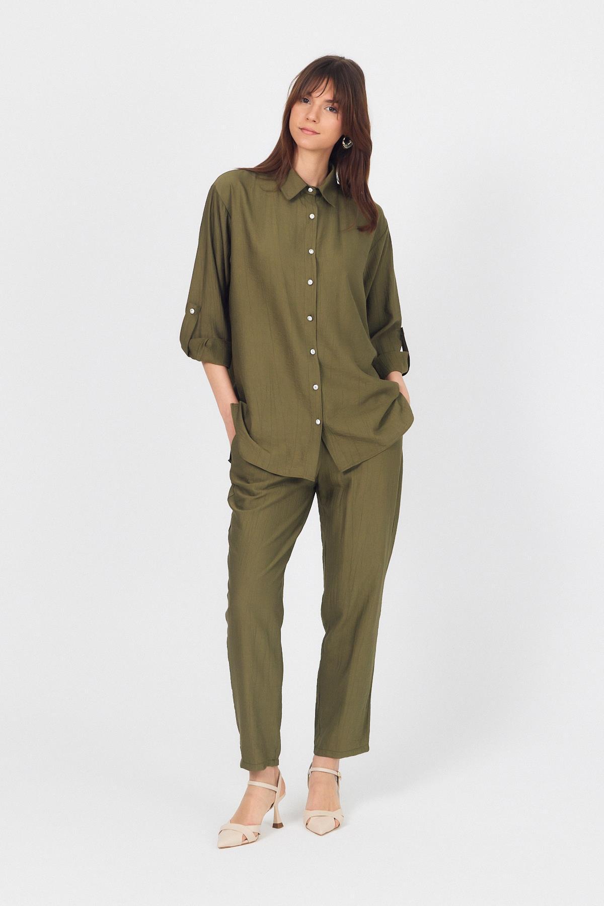 Haki Dokuma Gömlek Pantolon İkili Takım 4607A 