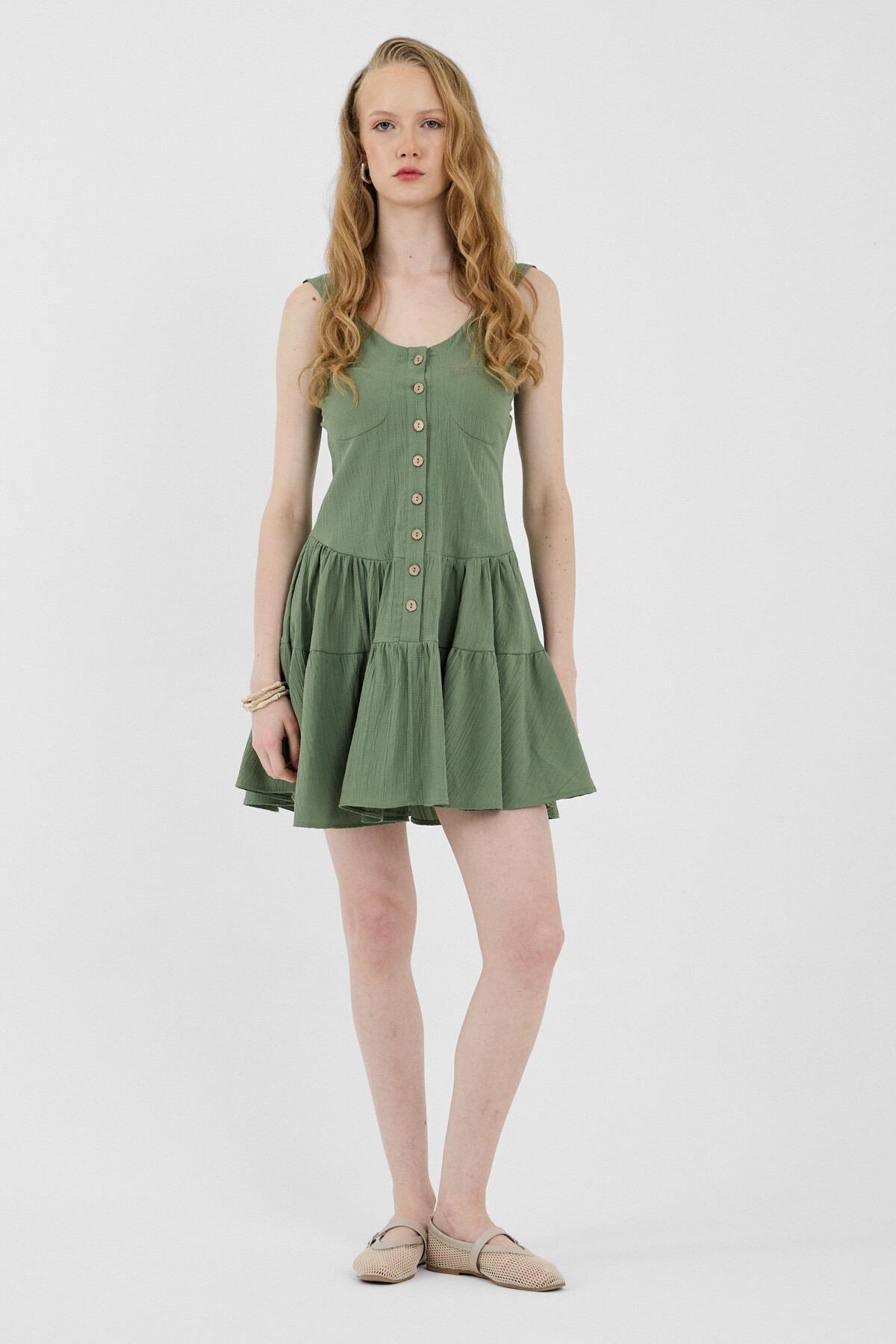 Haki Düğmeli Askılı Kat Etekli Mini Elbise 8042A - 3