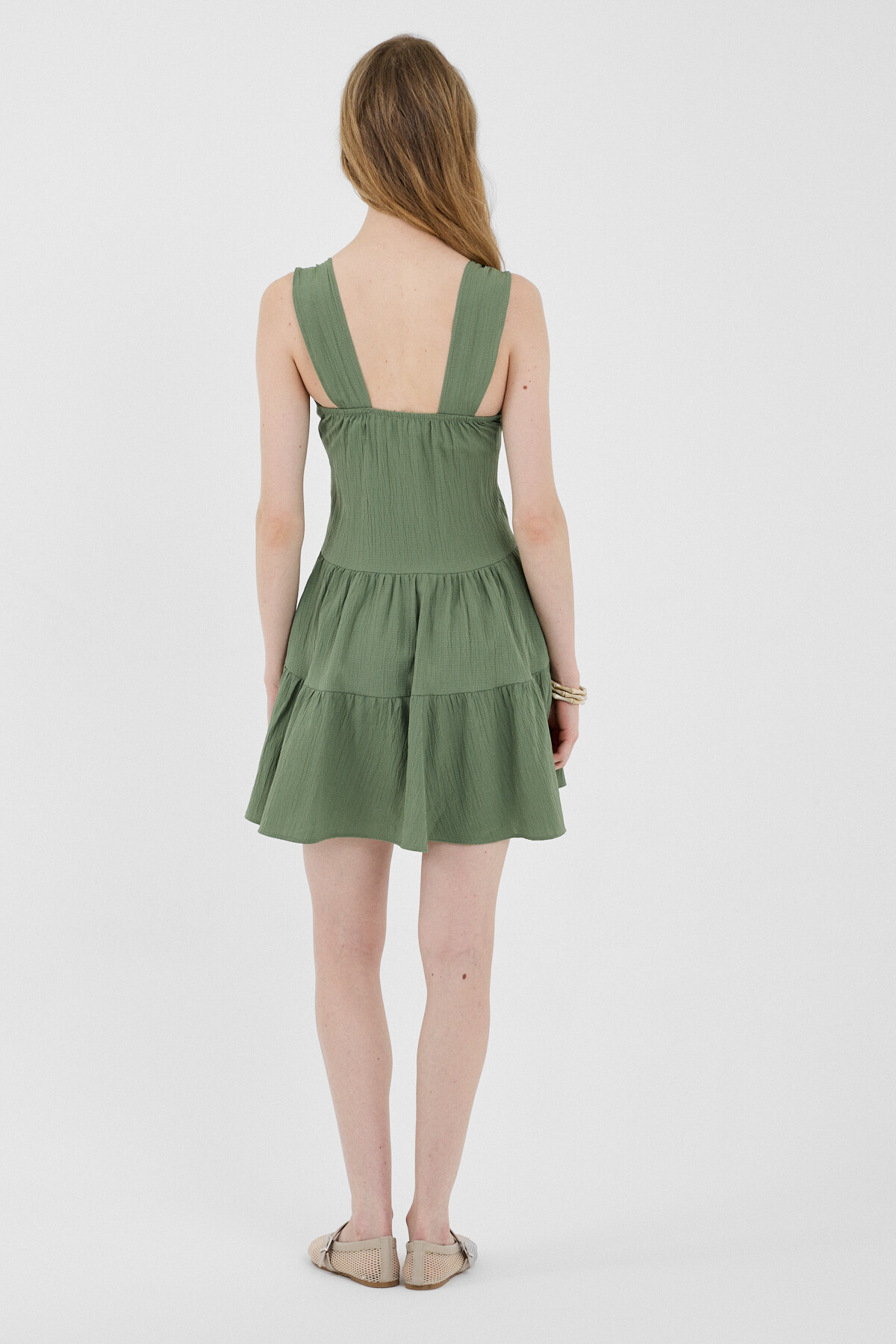 Haki Düğmeli Askılı Kat Etekli Mini Elbise 8042A - 5