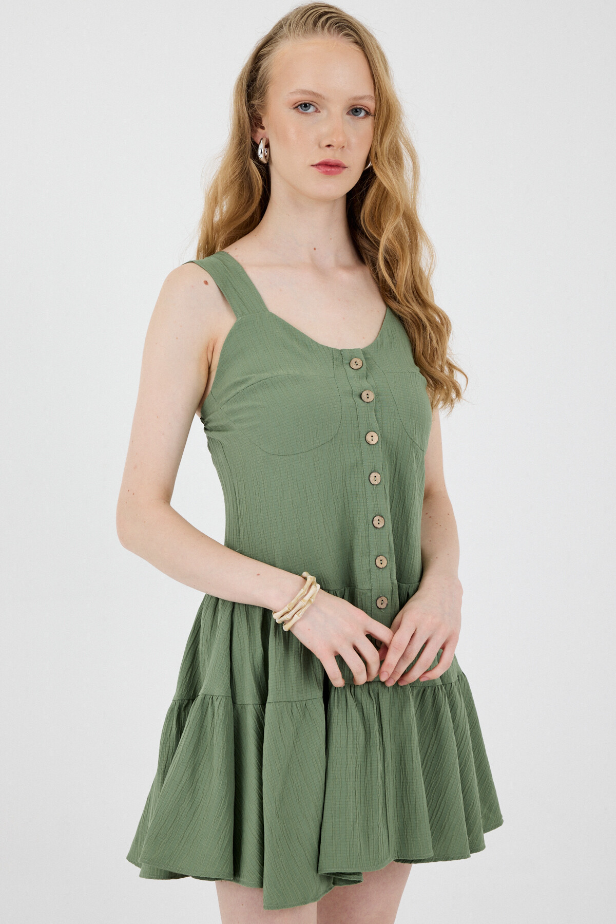 Haki Düğmeli Askılı Kat Etekli Mini Elbise 8042A - 2