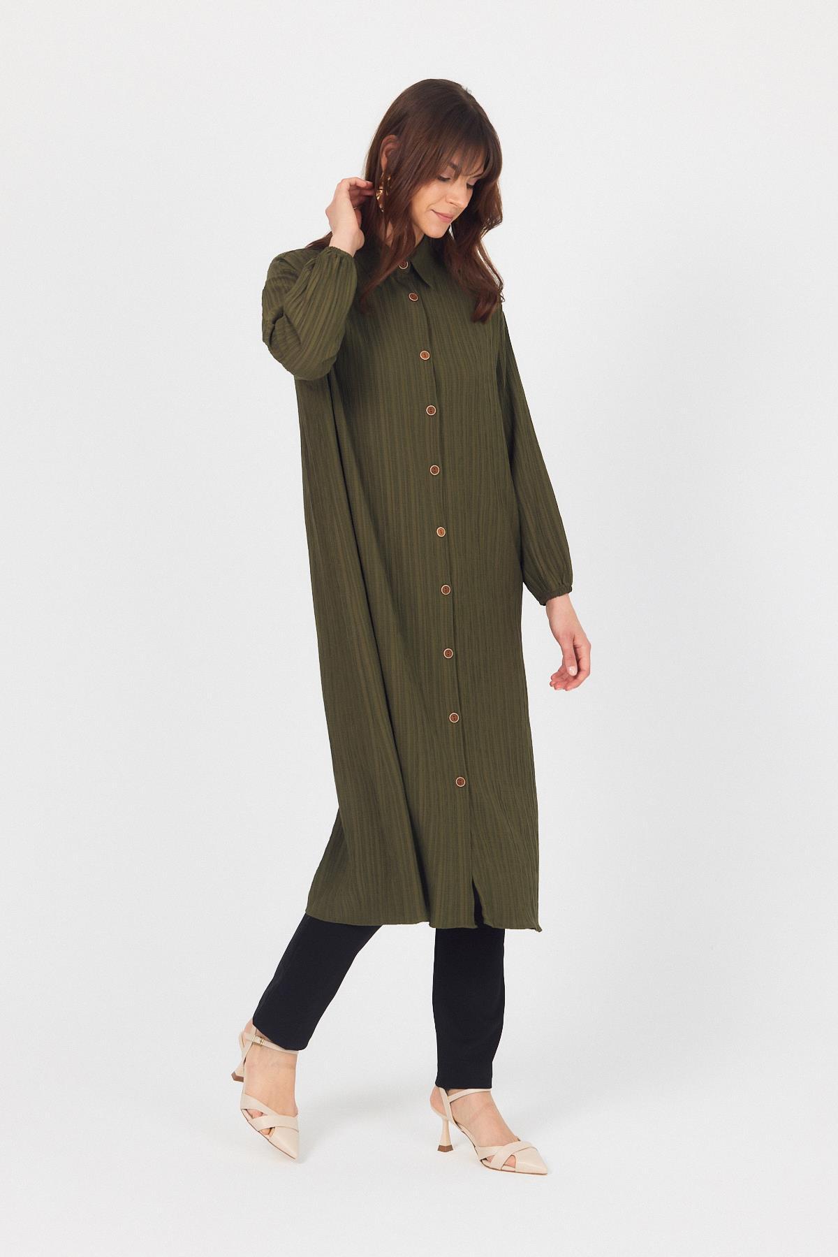 Haki Düğmeli Kol Lastikli Uzun Tunik 4507A - 2