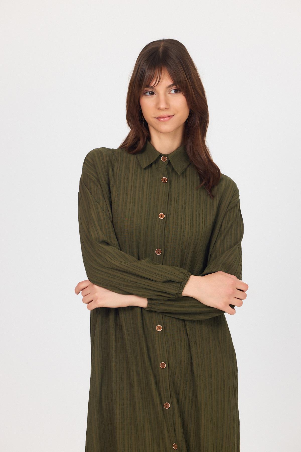 Haki Düğmeli Kol Lastikli Uzun Tunik 4507A - 3