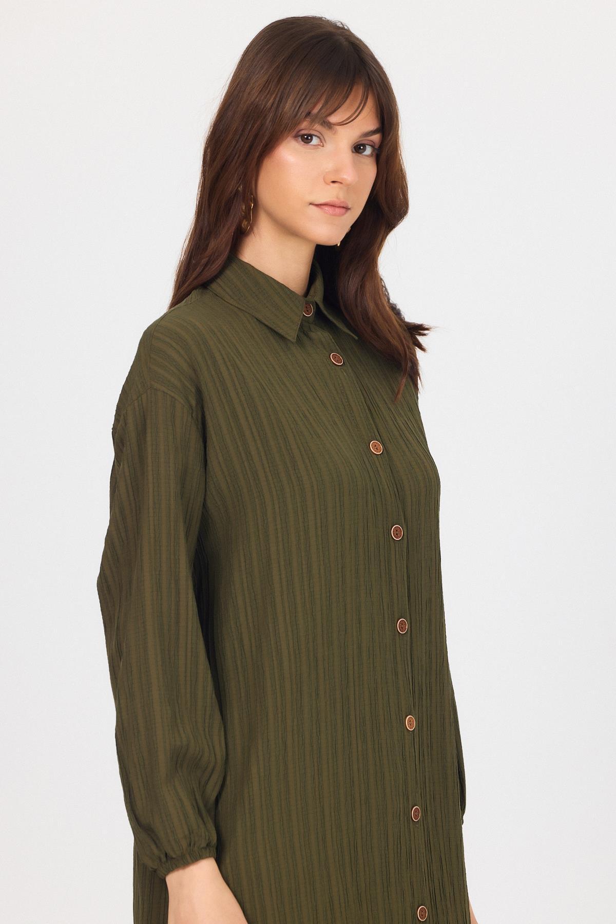 Haki Düğmeli Kol Lastikli Uzun Tunik 4507A - 4