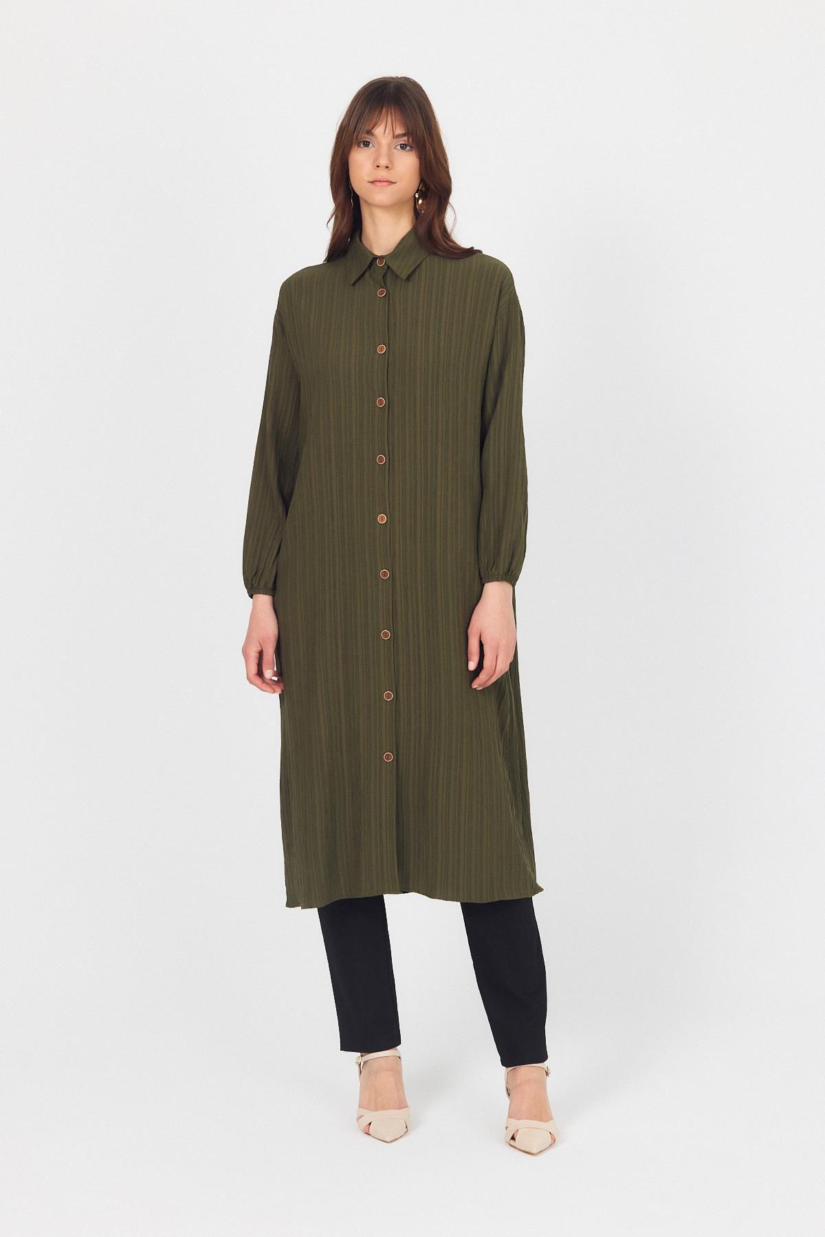 Haki Düğmeli Kol Lastikli Uzun Tunik 4507A 