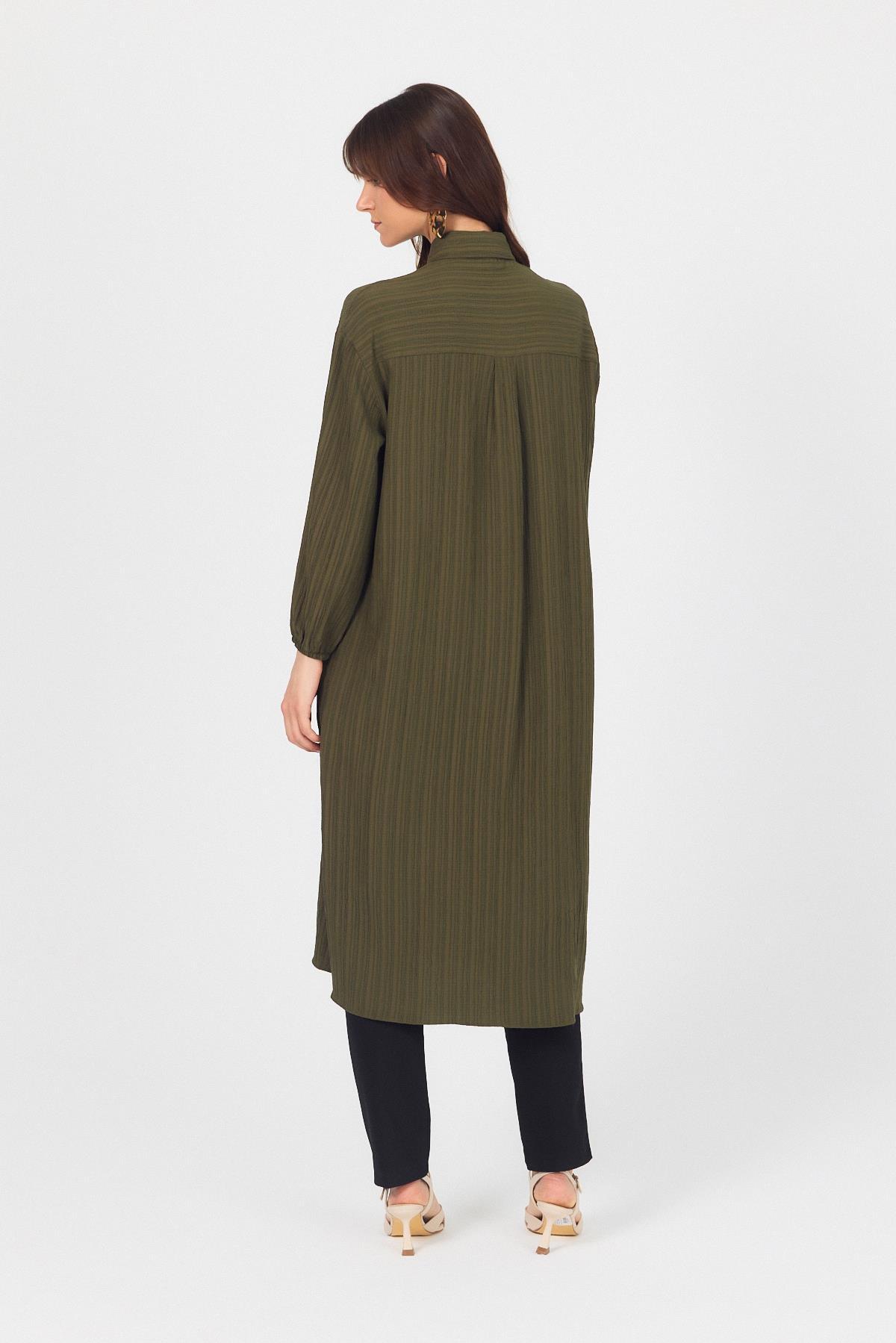 Haki Düğmeli Kol Lastikli Uzun Tunik 4507A - 5