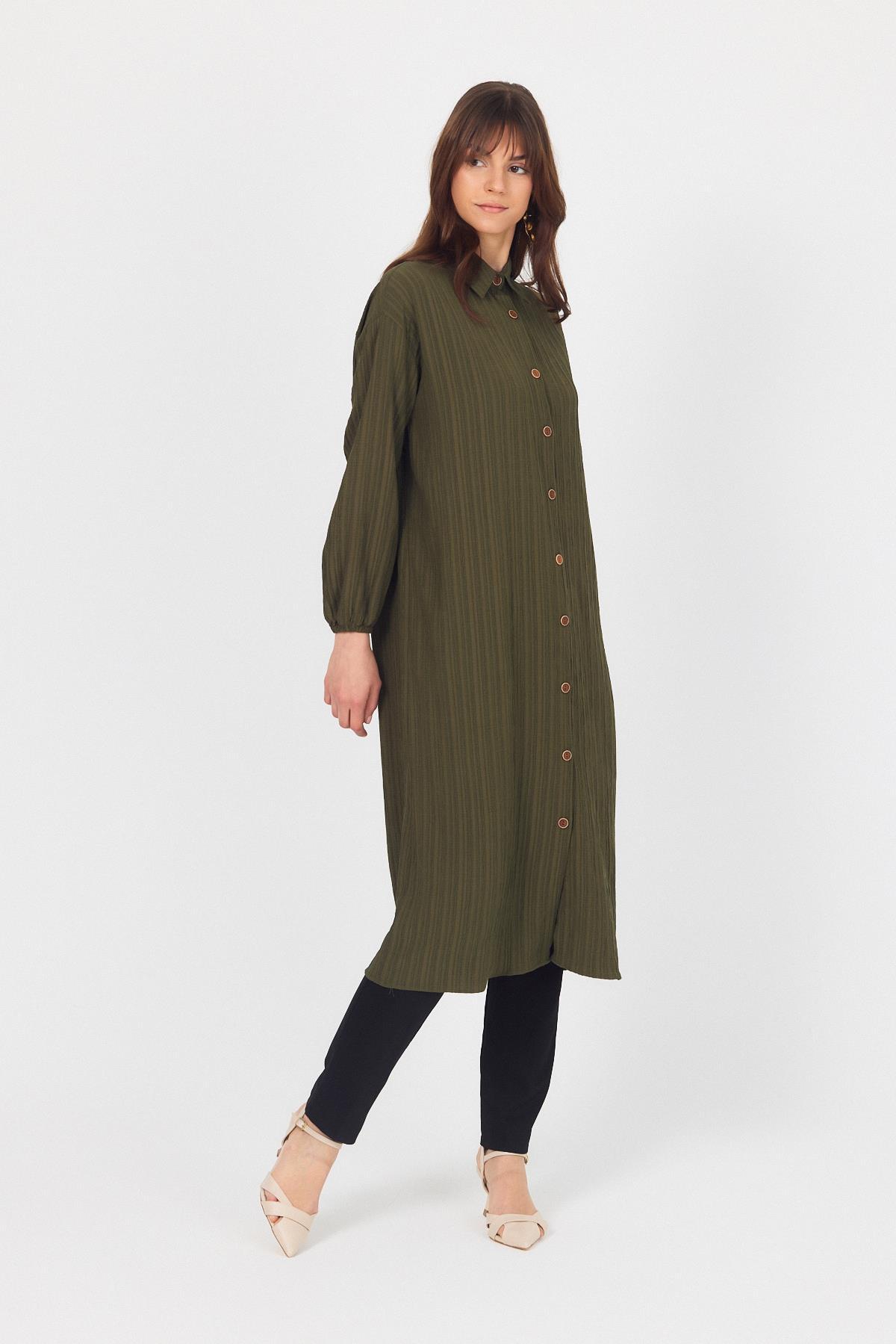 Haki Düğmeli Kol Lastikli Uzun Tunik 4507A - 6