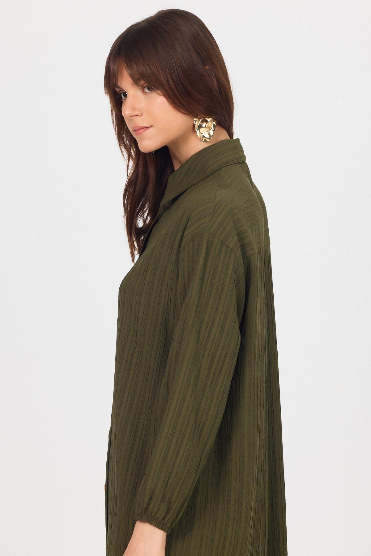 Haki Düğmeli Kol Lastikli Uzun Tunik 4507A - 7