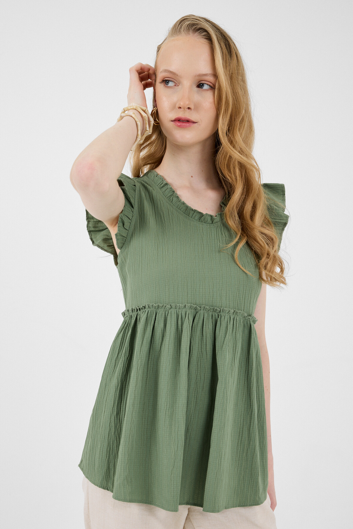 Haki Fırfır Kol Detaylı Bluz 8053A - 1