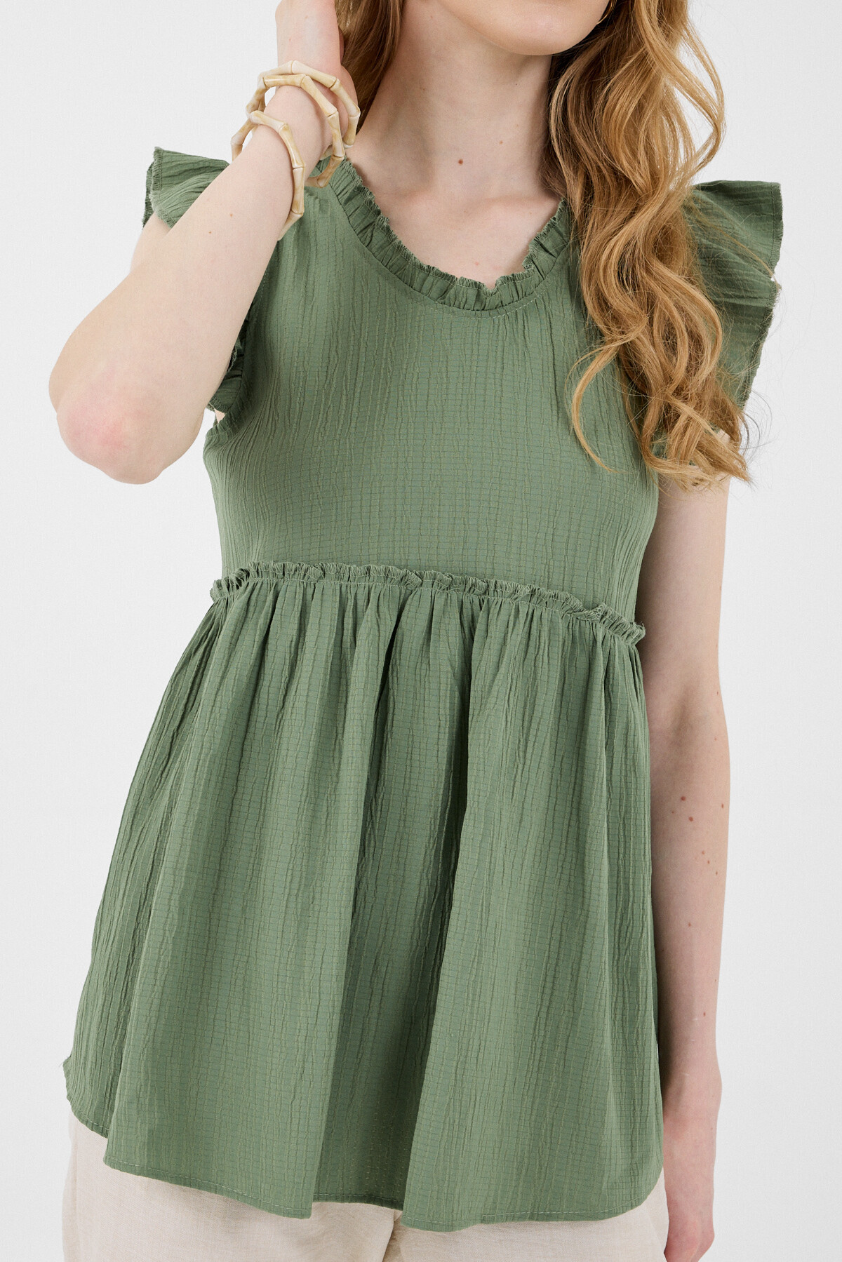 Haki Fırfır Kol Detaylı Bluz 8053A - 4