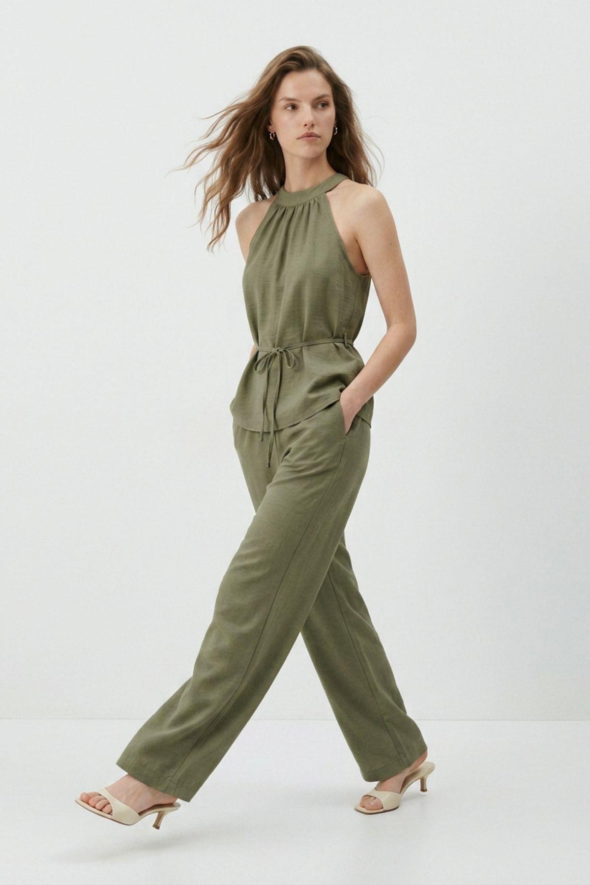 Halter Yaka Bluz Geniş Paça Pantolon 7130 Haki - RAYS