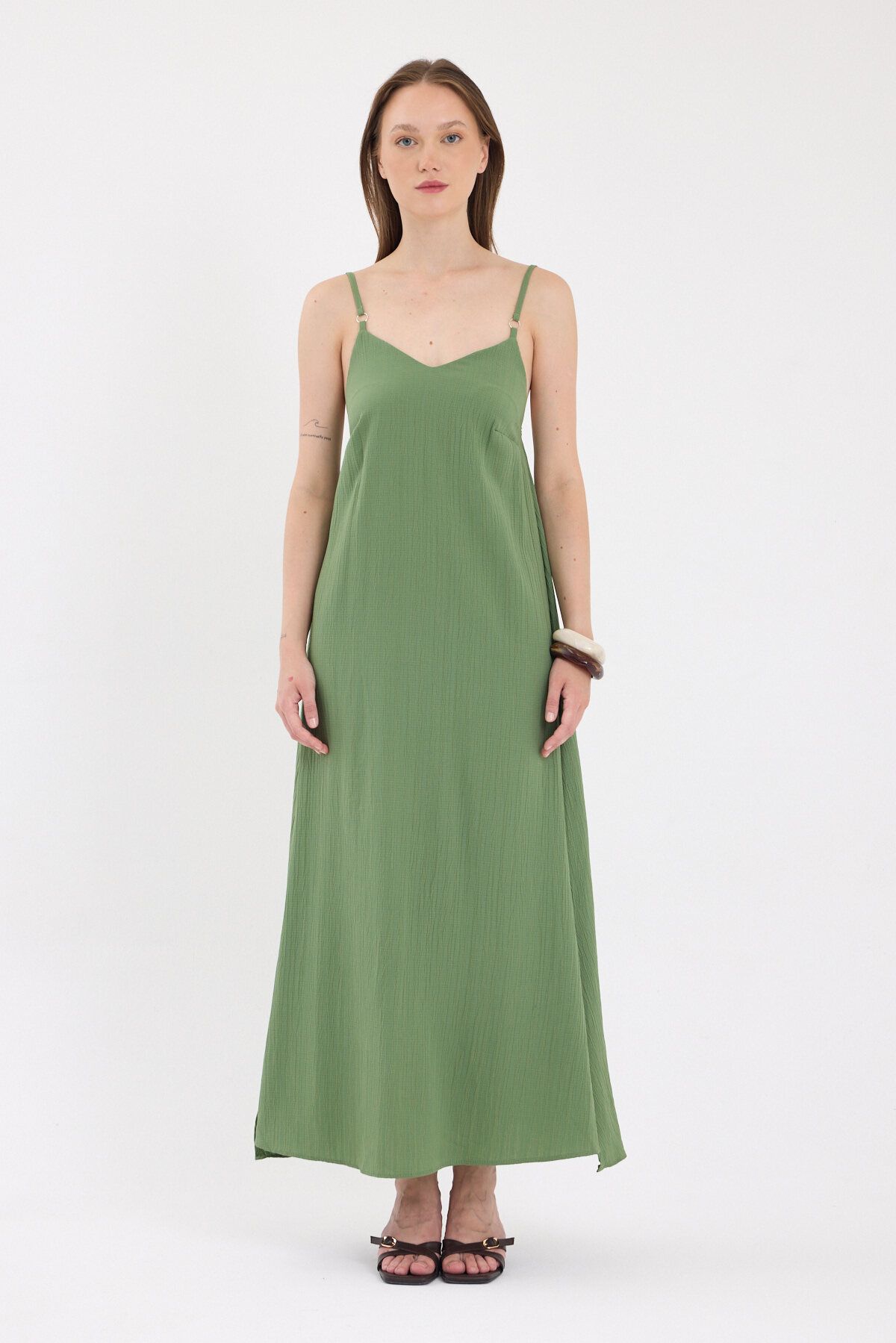 Haki İnce Askılı V Yaka Uzun Elbise 8026A - 6