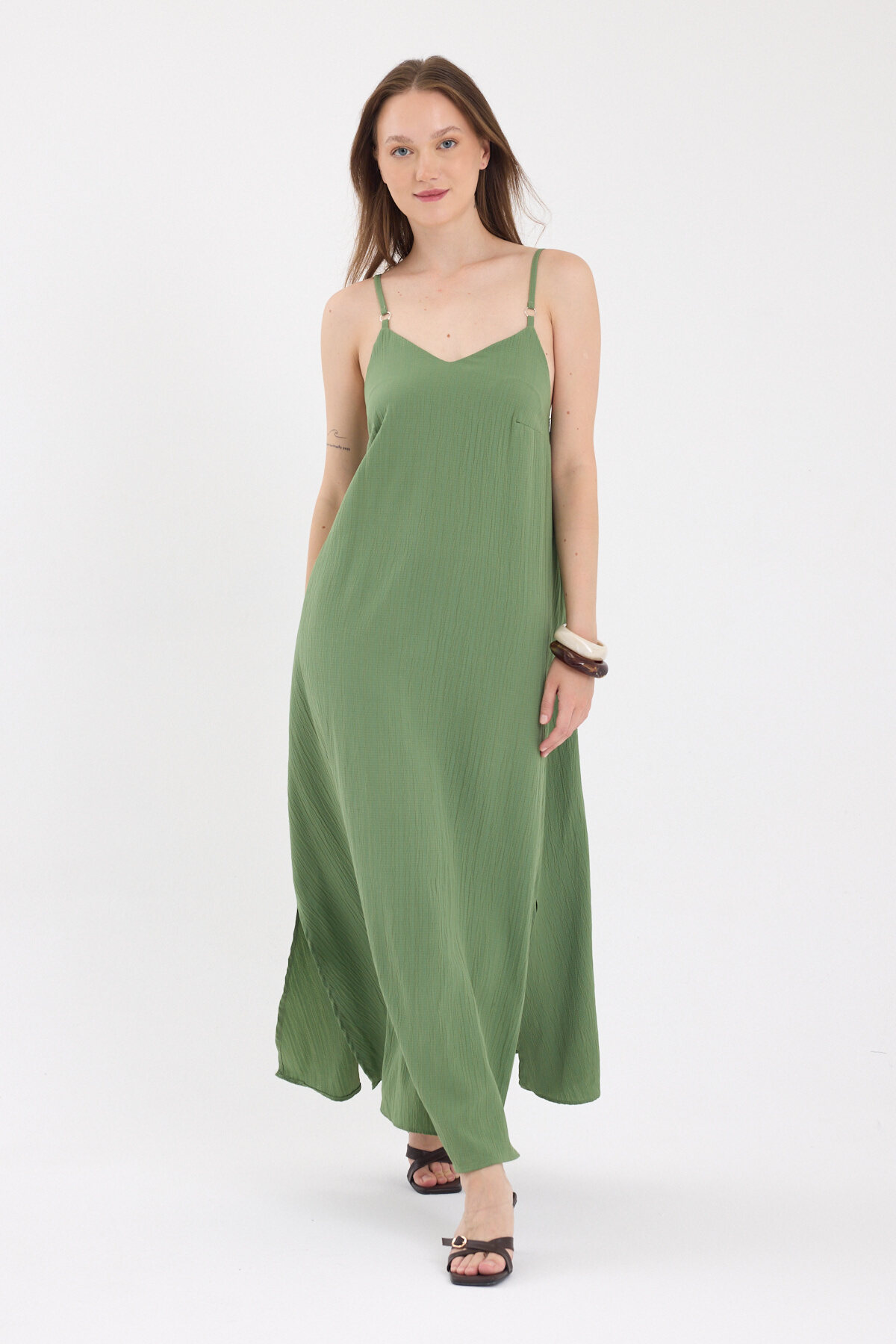 Haki İnce Askılı V Yaka Uzun Elbise 8026A - RAYS