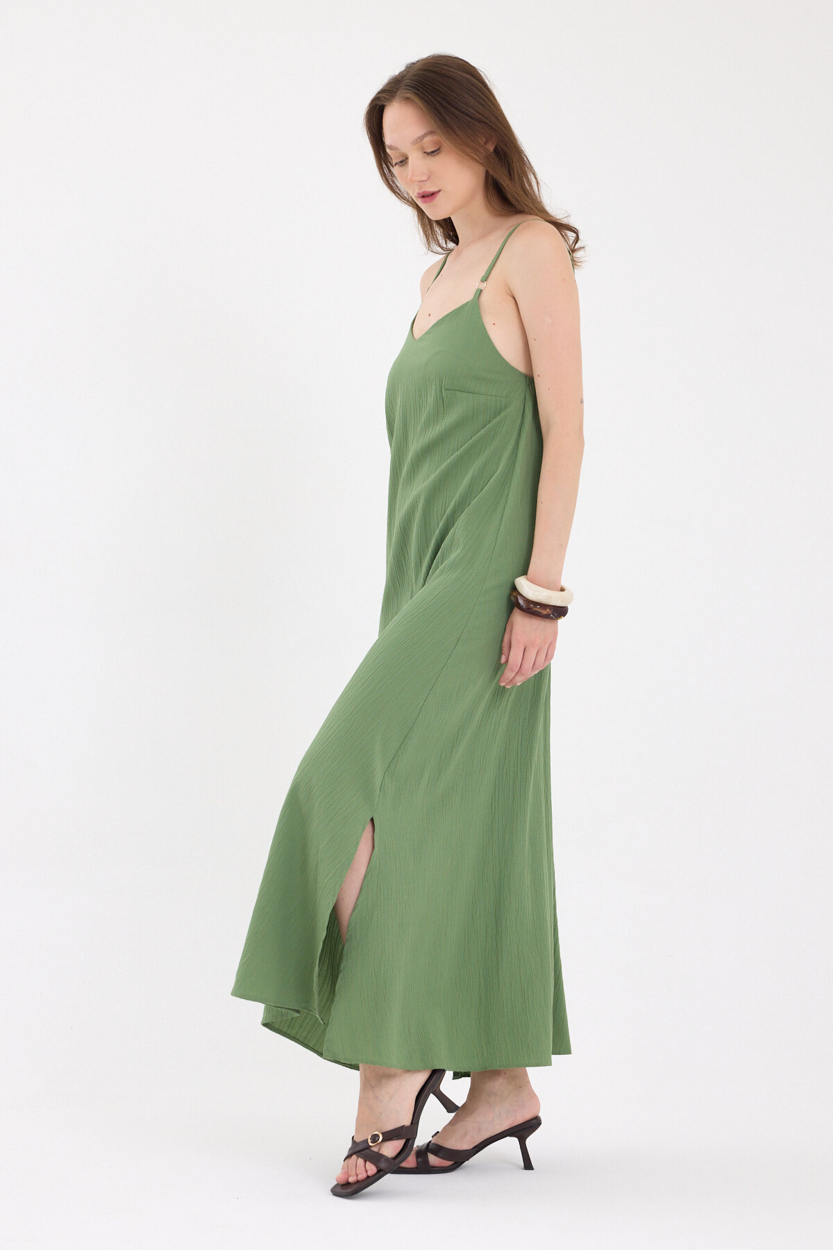 Haki İnce Askılı V Yaka Uzun Elbise 8026A - 2
