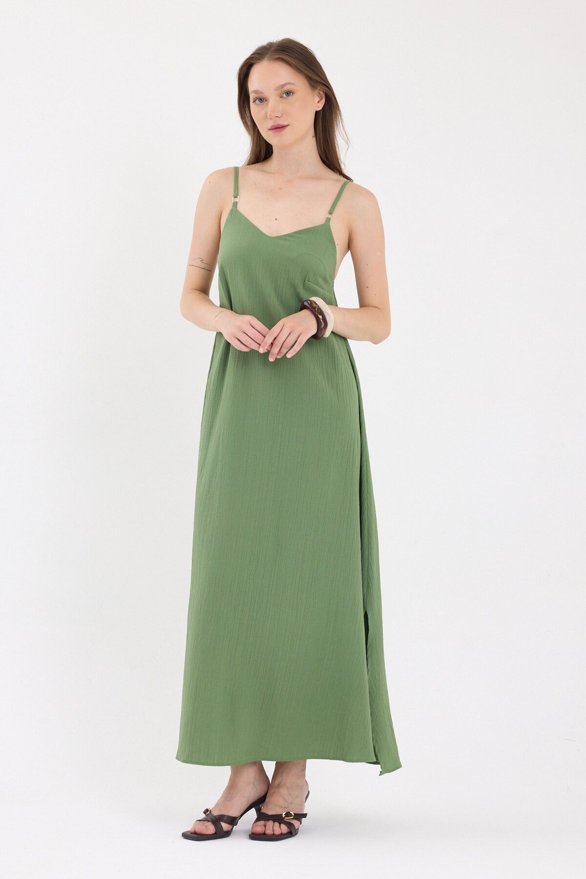 Haki İnce Askılı V Yaka Uzun Elbise 8026A - 7