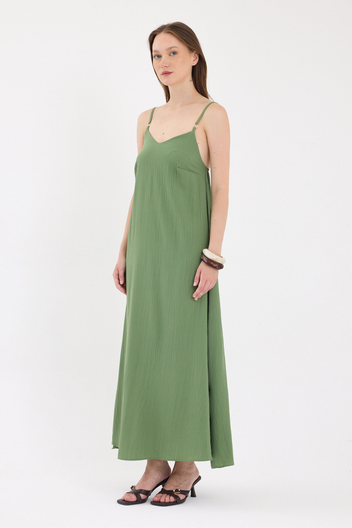 Haki İnce Askılı V Yaka Uzun Elbise 8026A 