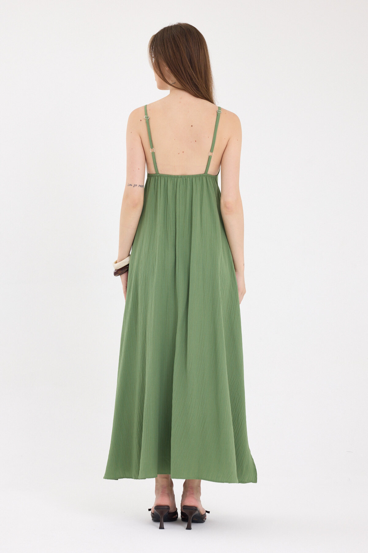 Haki İnce Askılı V Yaka Uzun Elbise 8026A - 5