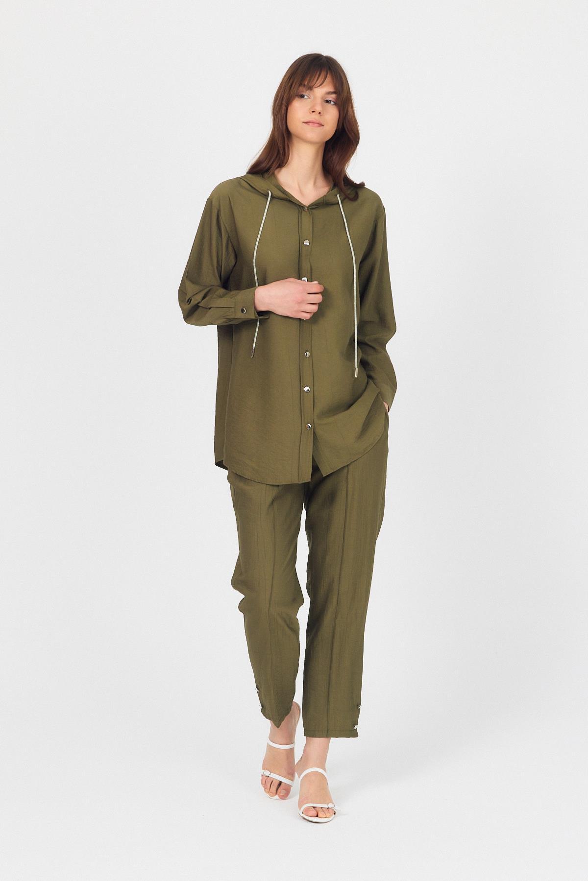 Haki Kapüşonlu Düğmeli İkili Takım 4585A - 8