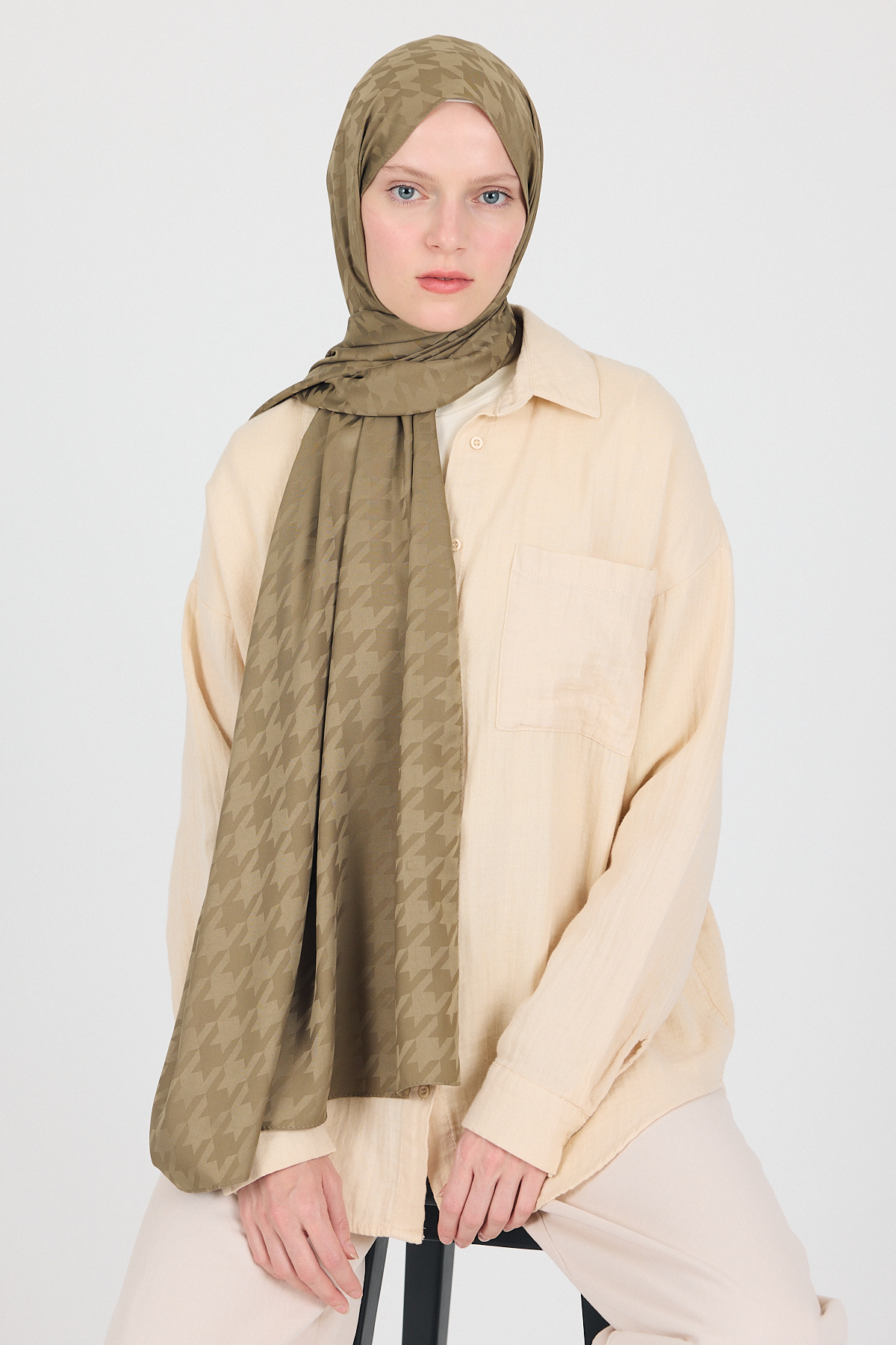 Haki Kazayağı Desenli Jakar Şal 5686 - 6