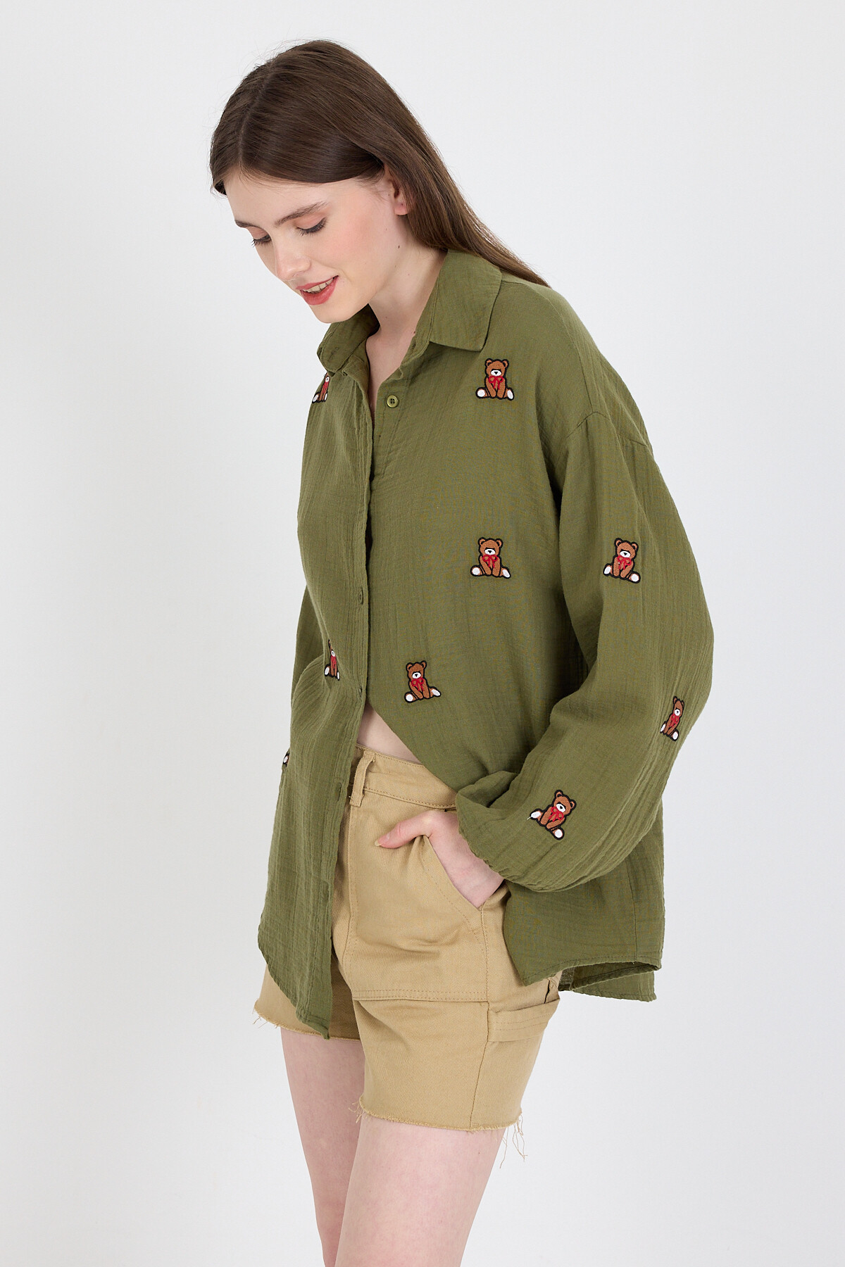 Haki Keten Görünümlü %100 Pamuk Ayıcık Nakışlı Gömlek 4798A - 2