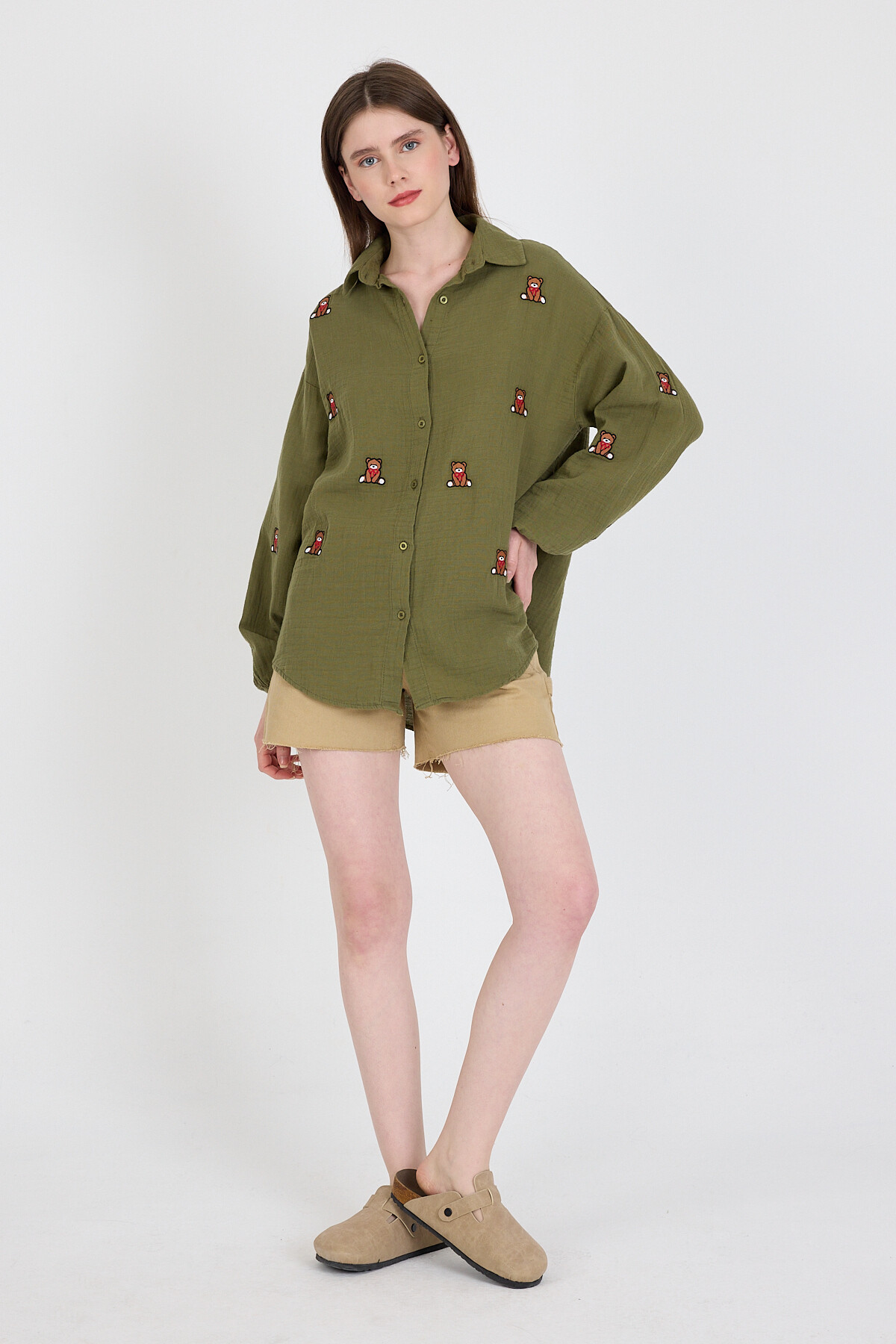 Haki Keten Görünümlü %100 Pamuk Ayıcık Nakışlı Gömlek 4798A - 3